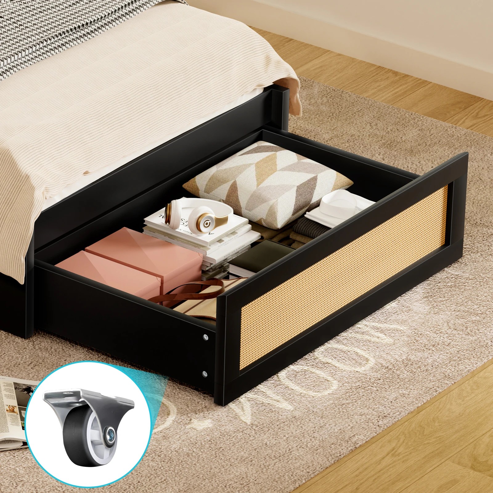 9 Alfordson Wooden Bed Frame Single Size Rattan Bed Base with Storage Drawer - Black, 9 of 10