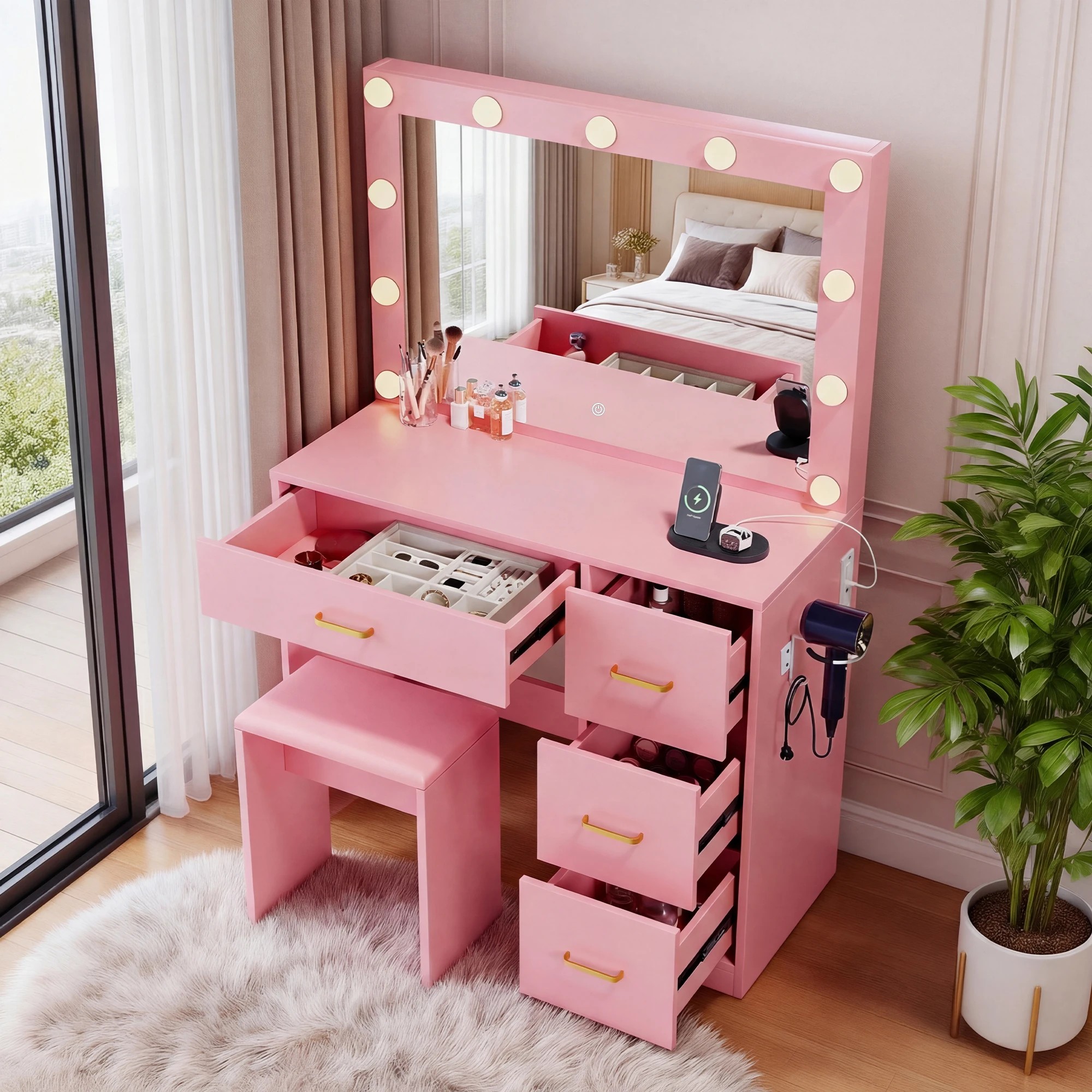 4 Advwin Makeup Vanity Desk with Mirror and 11 Light Bulbs Charging Station - Pink, 4 of 9