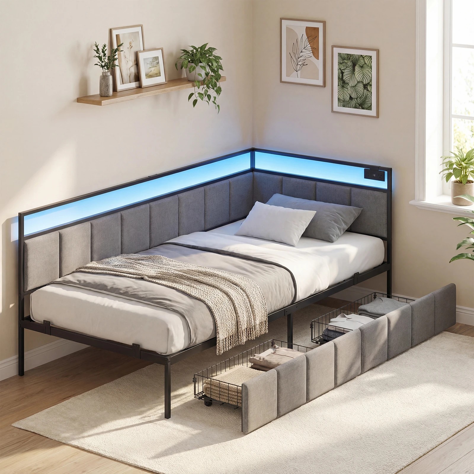 9 Advwin Single Corner Bed Frame with Charging Station and LED Light - Grey, 9 of 10