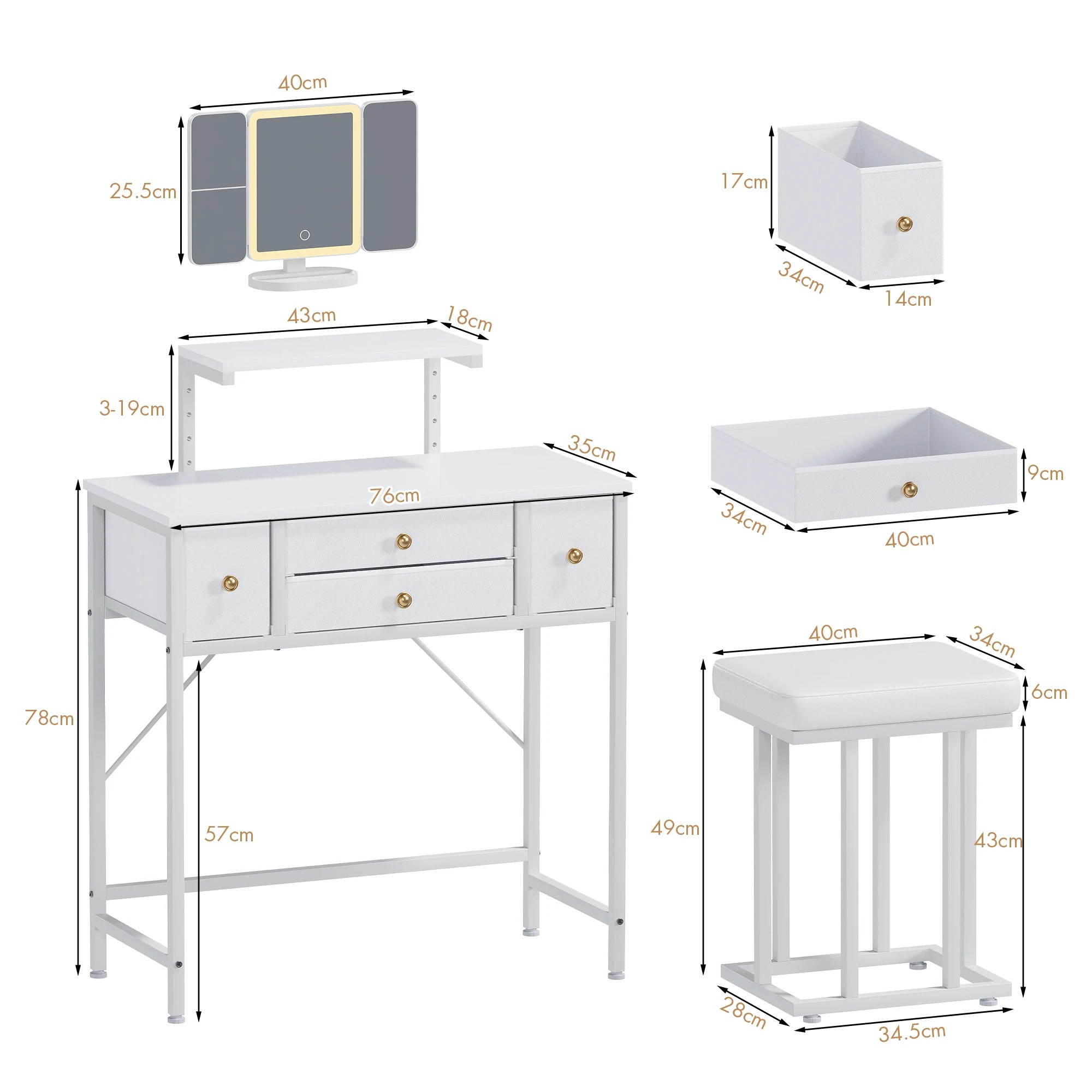 3 Advwin Dressing Table with LED Mirror 4-Drawer Height-Adjustable Stand - White, 3 of 7