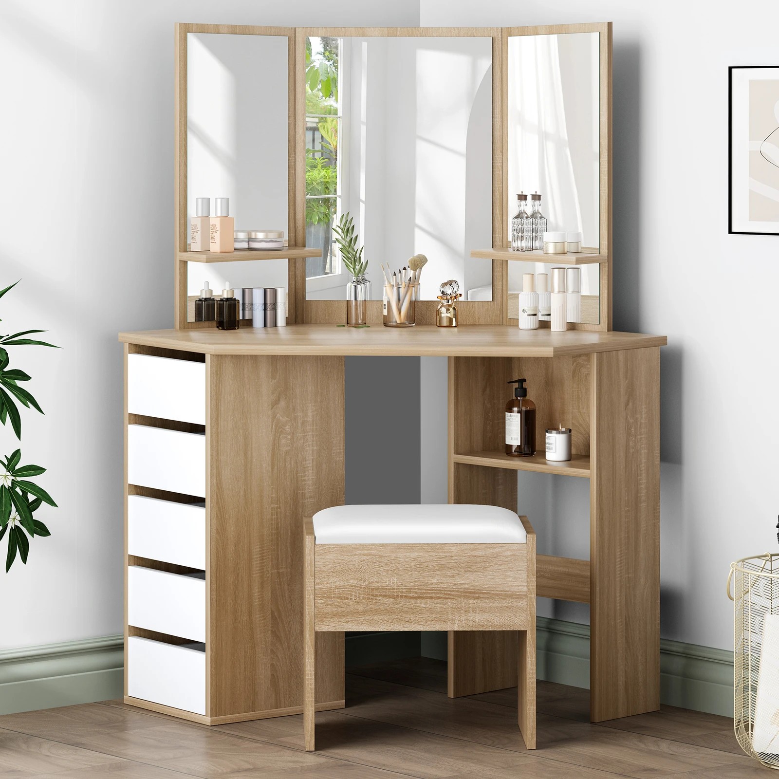 1 Alfordson Dressing Table Stool Set Makeup Tri-fold Mirror Vanity Desk - Oak, 1 of 10