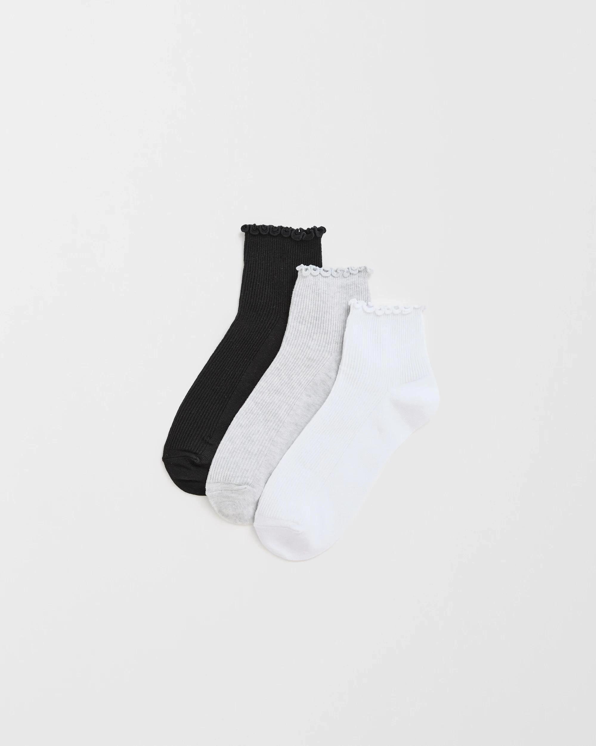 1 Target Woman Australian Cotton Blend 3 Pack Quarter Crew Socks with Frill WHITE/BLACK/GREY, 1 of 3