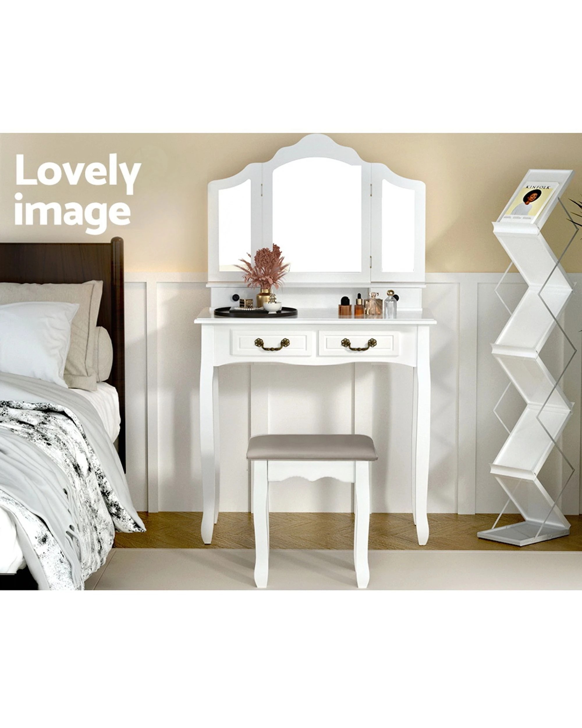 3 Artiss Dressing Table Stool Set Foldable Mirror - White, 3 of 8