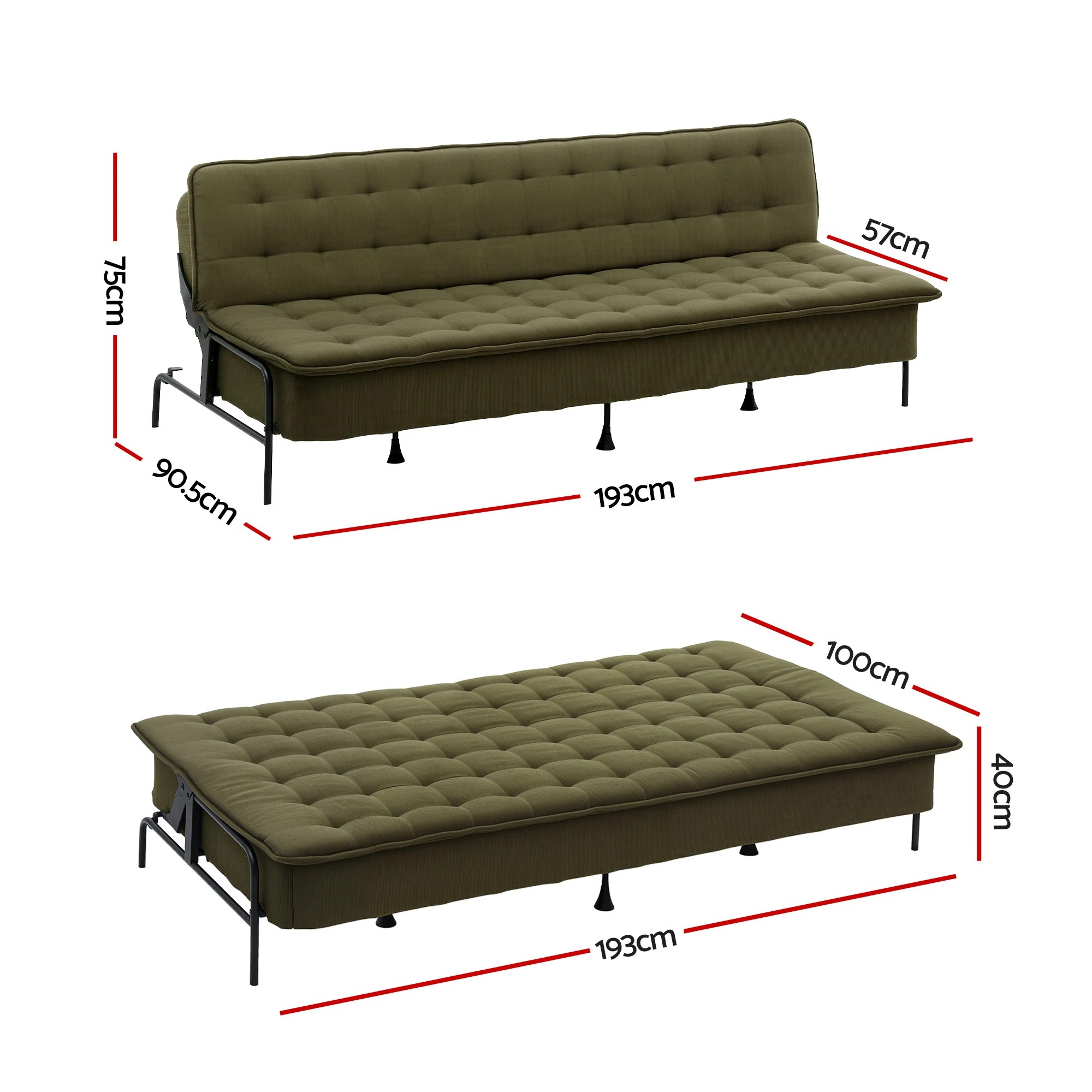2 Artiss Sofa Bed 1.9m 3-Seater Soft Innerspring Adjustable Couch Futon Chair - Green, 2 of 5
