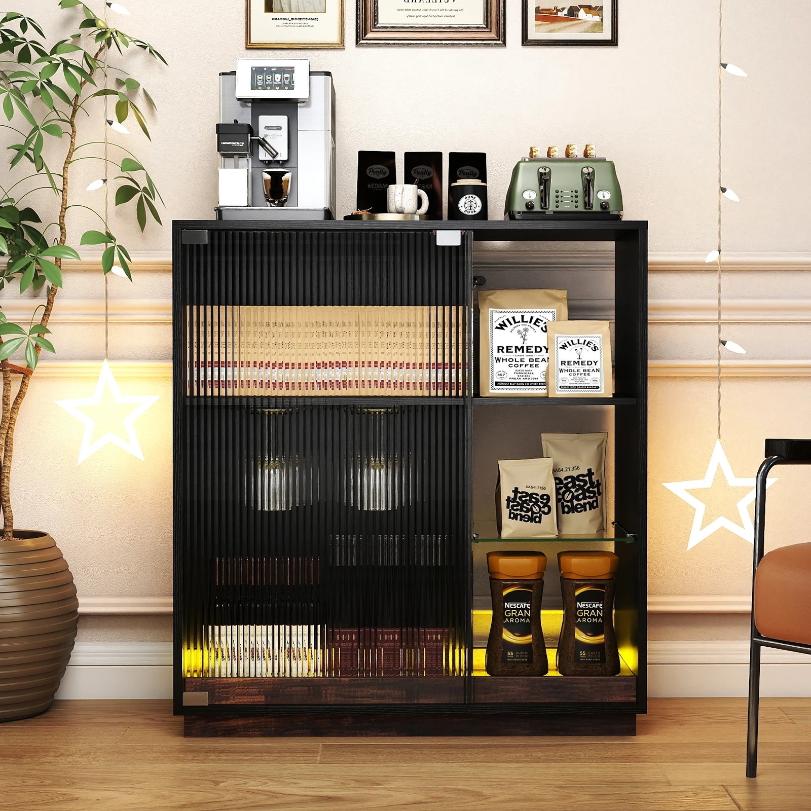 2 Costway Buffet Sideboard LED Wine Bar Cabinet Coffee Station - Black, 2 of 3