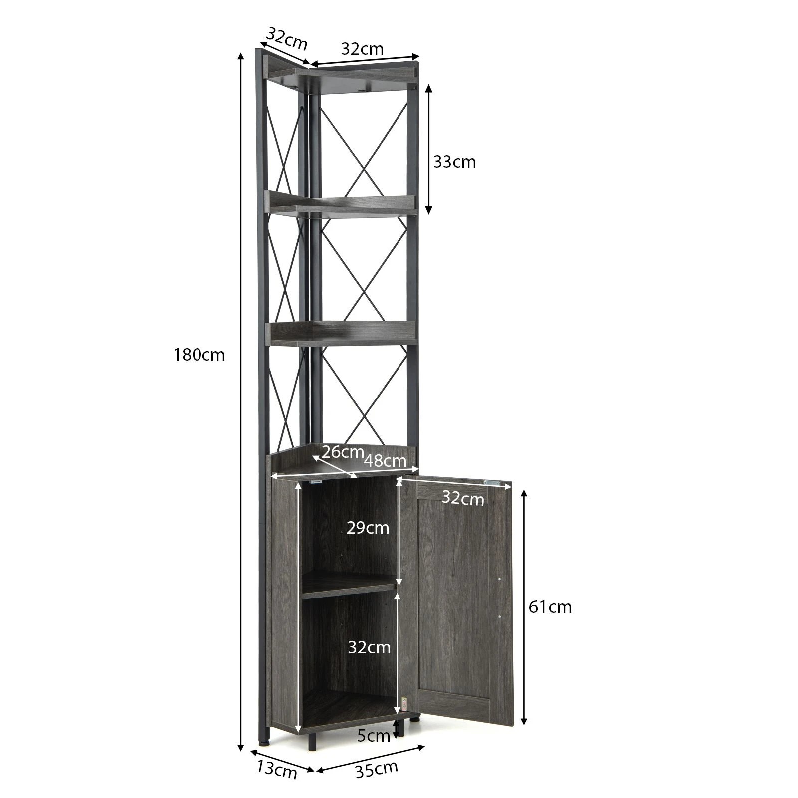 3 Costway 6-Tier Corner Bookcase Corner Shelf Display Storage Rack w/Cabinet Standing Bookshelf - Grey, 3 of 4