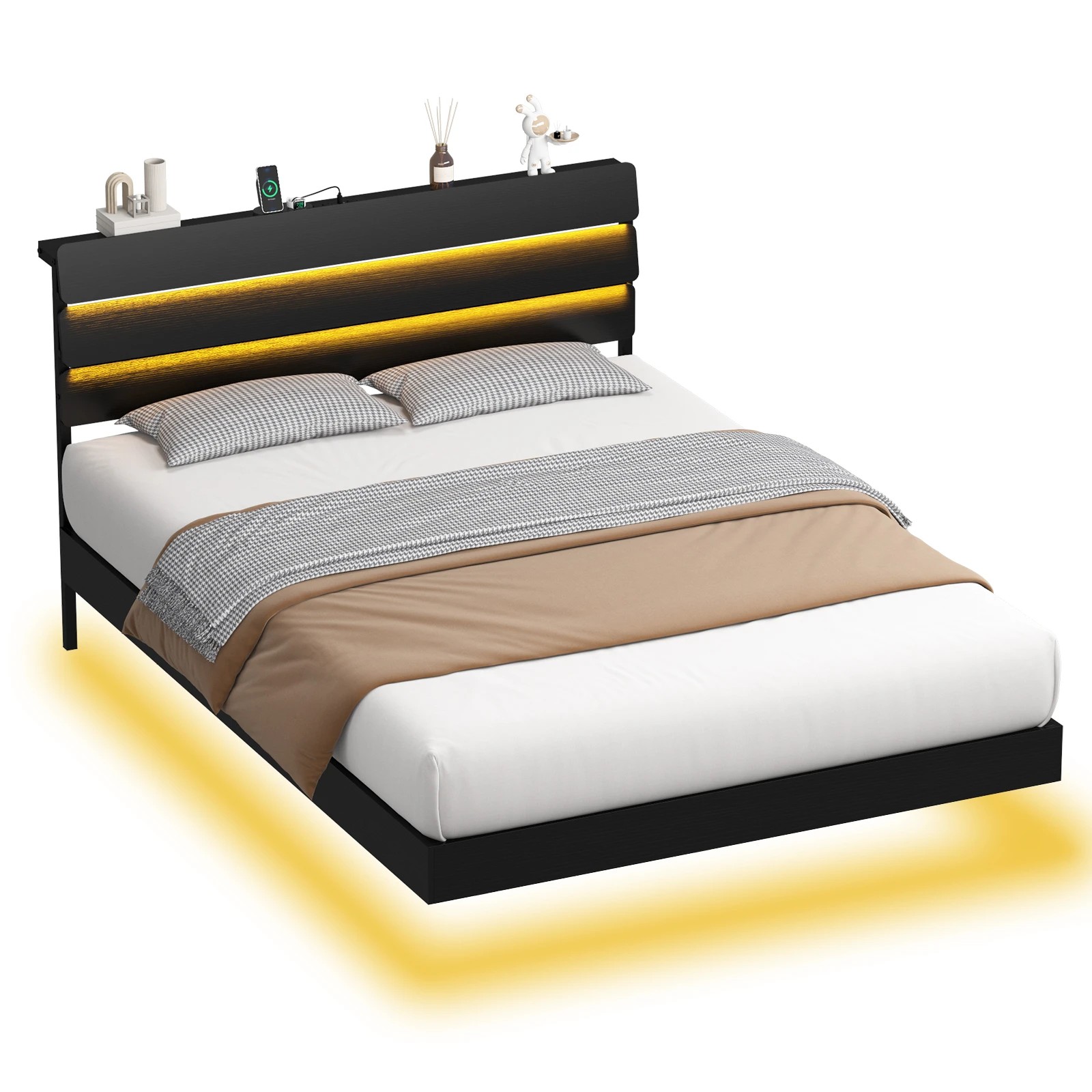 1 Advwin Double Size LED Floating Bed Frame with Tiered Storage Headboard Charging Station - Black, 1 of 8