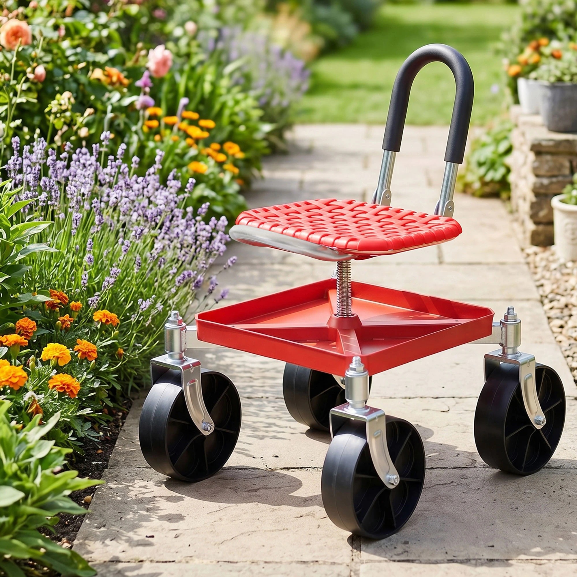 2 Gardeon Garden Cart Seat Rolling Stool 360 Swivel Height Adjustable Heavy Duty - Red, 2 of 9