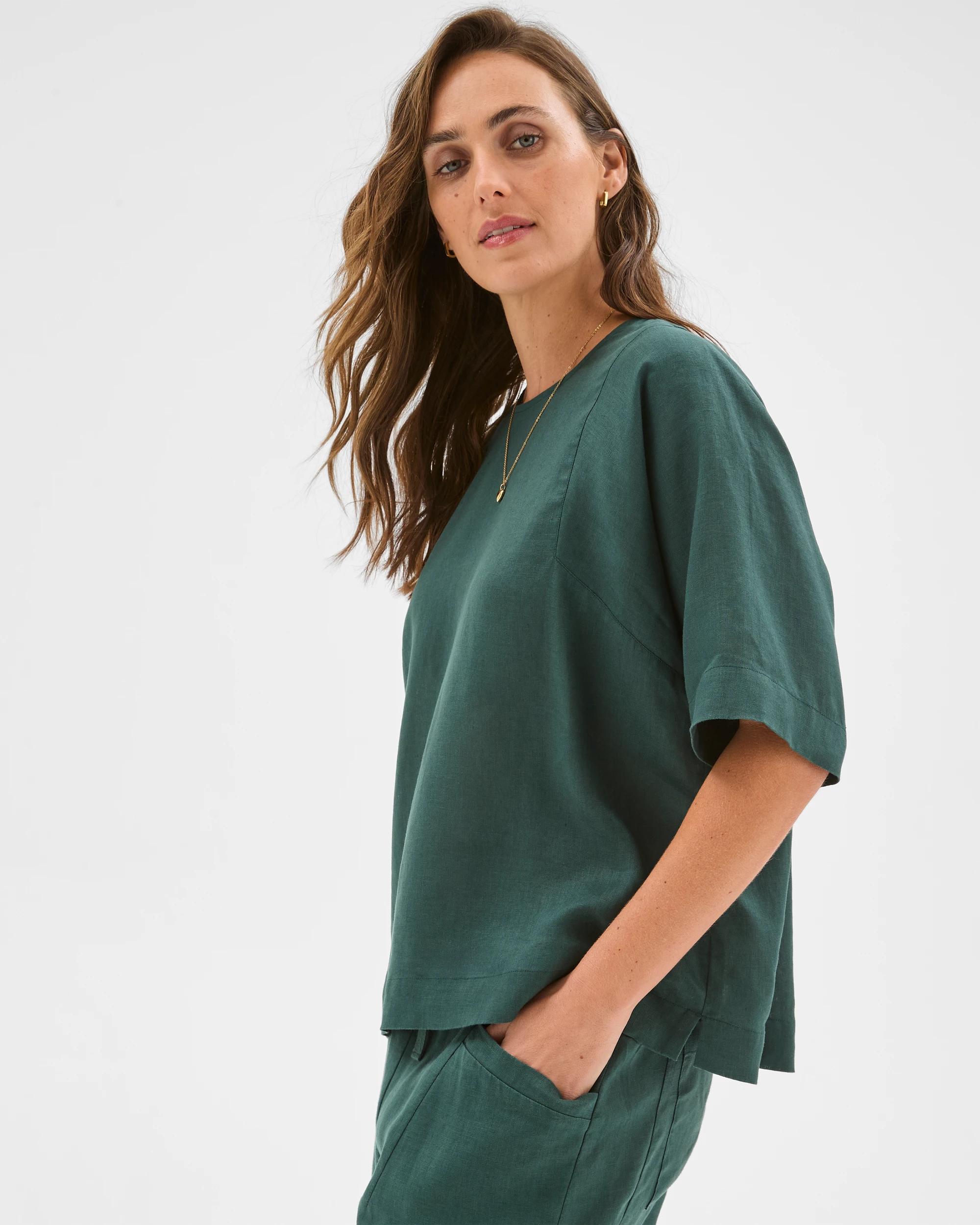 4 Target Woman European Linen Seamed T-Shirt DEEP GREEN, 4 of 6