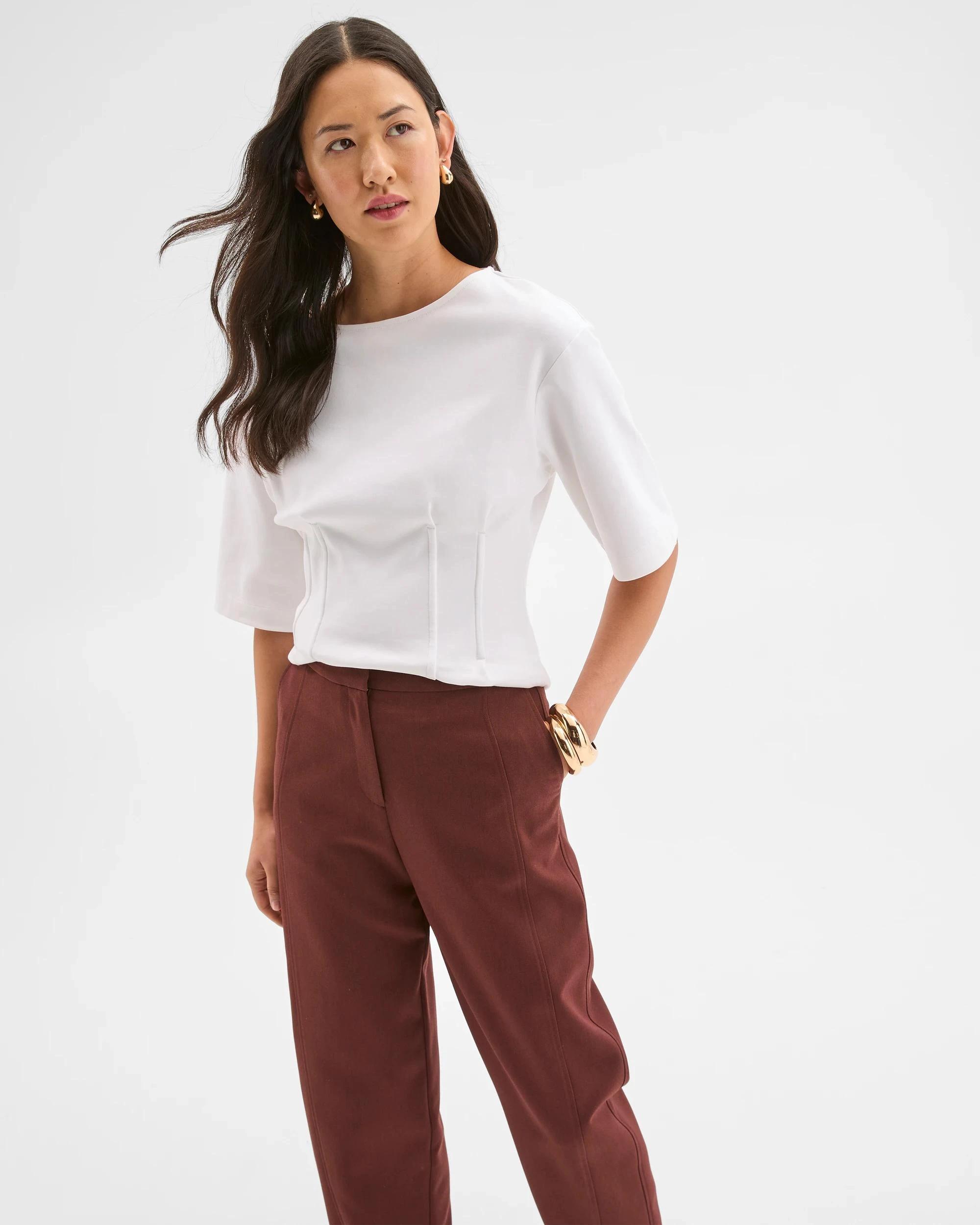 4 Preview Australian Cotton Blend Short Sleeve Knit Waisted Top CLOUD DANCER, 4 of 6