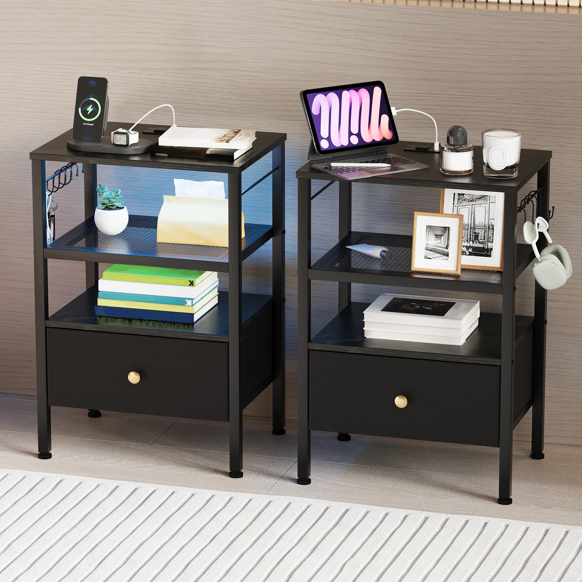 2 Advwin Set of 2 Bedside Table with Charging Station LED Lights Drawer - Black, 2 of 7