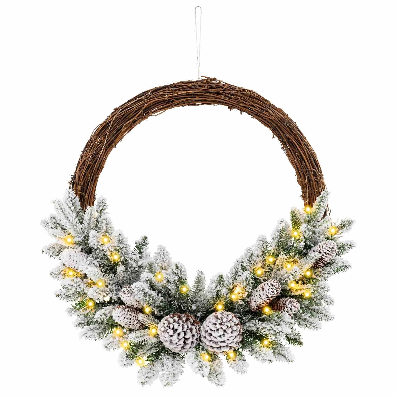 1 Costway Snow Flocked Artificial Christmas Hoop Wreath Battery-operated Front Door Wall, 1 of 1