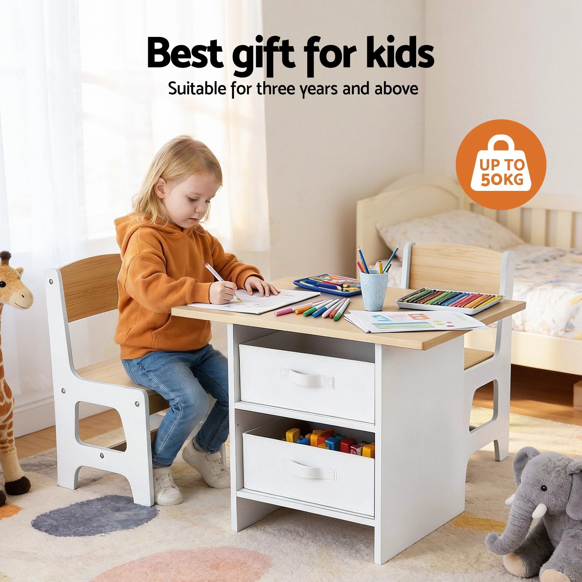 2 Keezi Kids Table and 2 Chairs Set Wooden Activity Table wit 2 Storage Drawers - Natural, 2 of 4