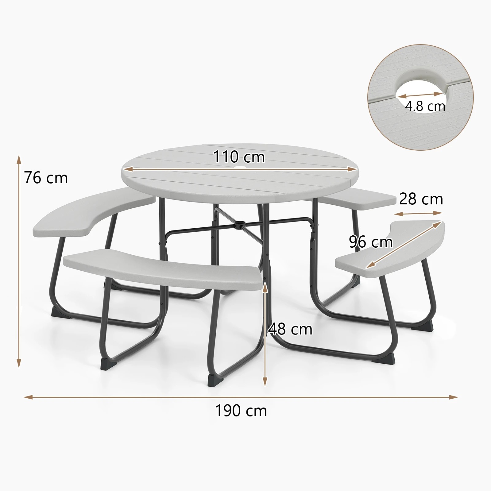 2 Costway 8-person Round Picnic Table Bench Set Outdoor All Weather Dining Table w/Umbrella Hole - Grey, 2 of 3