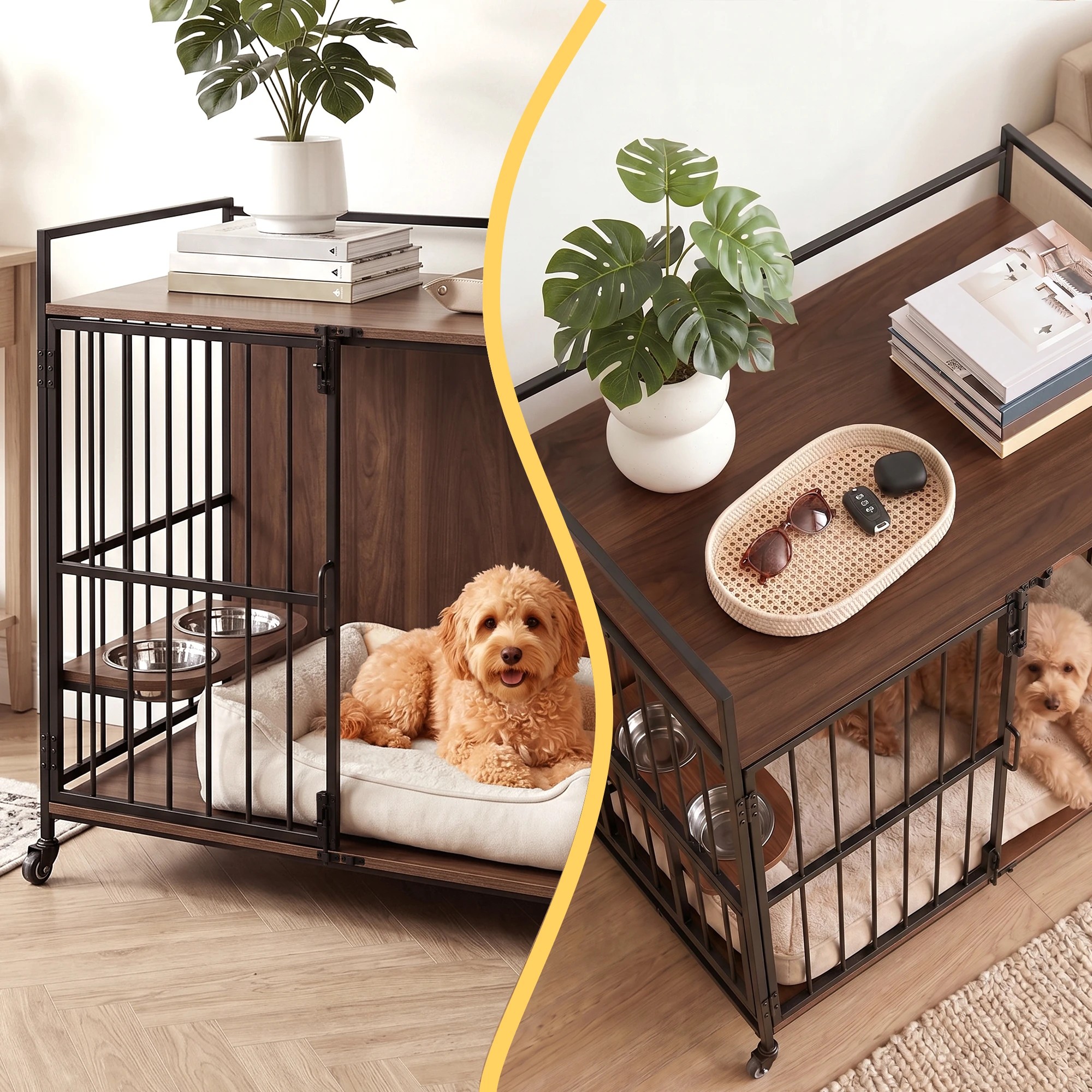 5 i.Pet 2-in-1 Wooden Dog Crate 99cm Pet Cage Furniture End Table Wheels - Multi, 5 of 7