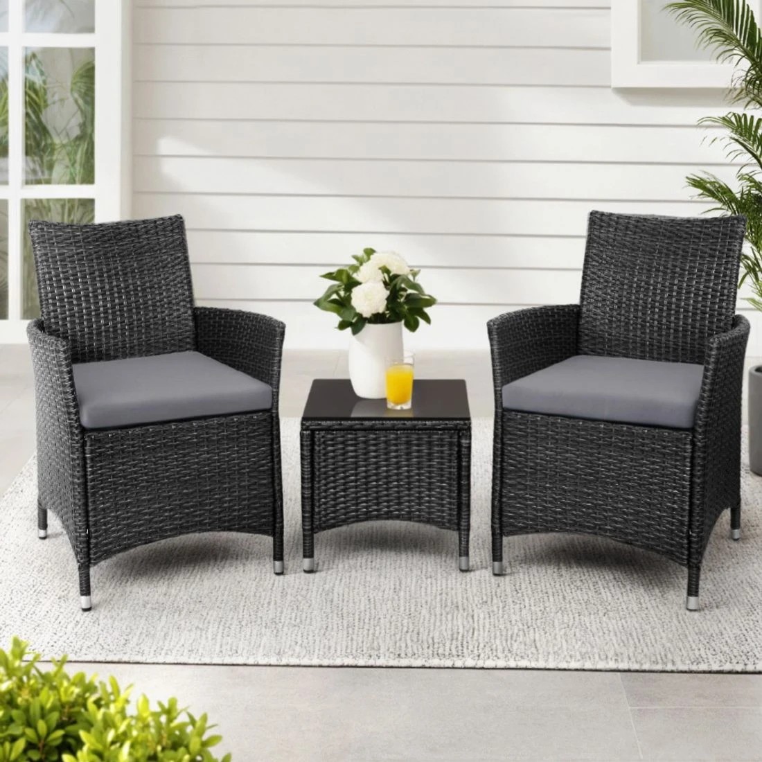 1 Gardeon 3PC Outdoor Bistro Set Patio Furniture Wicker Chairs Table Cushion - Black, 1 of 7