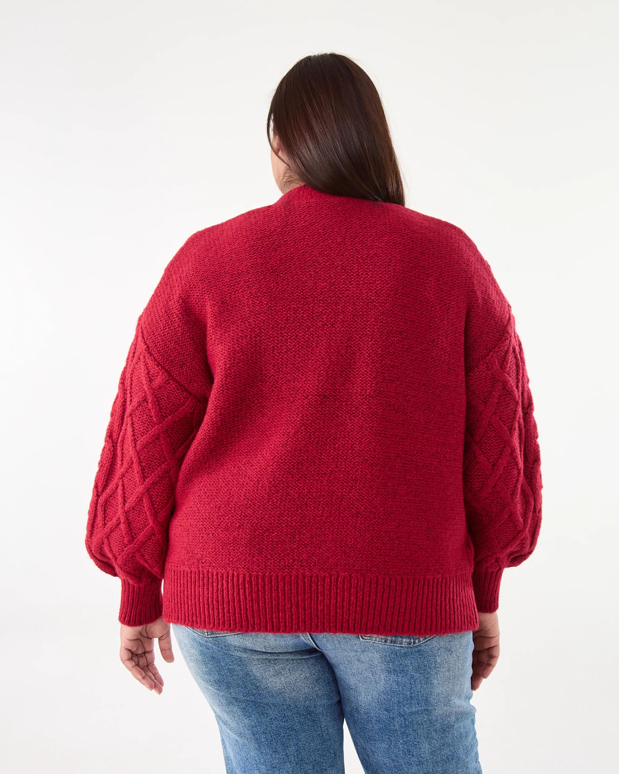 3 Curve Cable Knit Cardigan Spice Red, 3 of 8