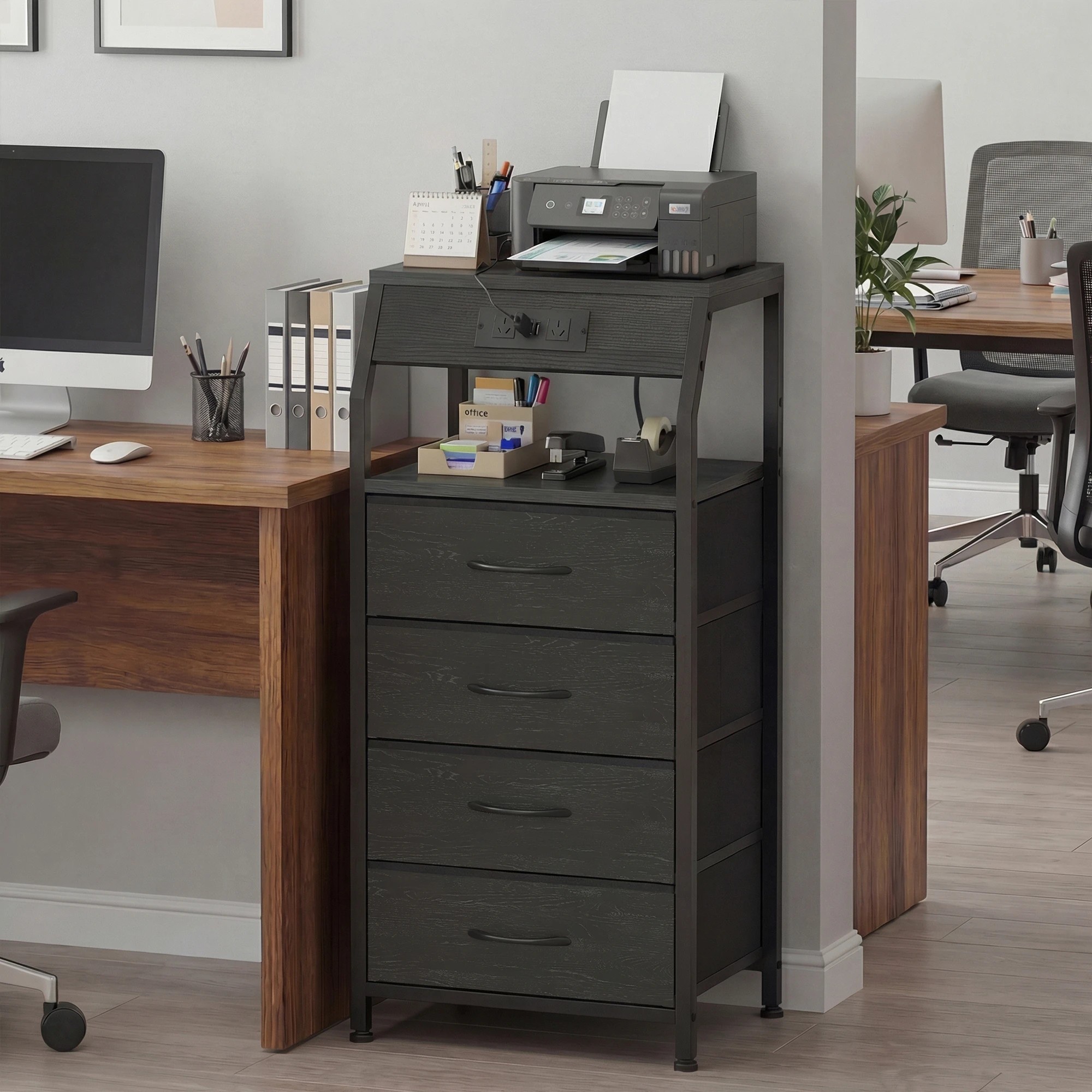 9 Advwin Set of 2 Bedside Table with Charging Station 4 Fabric Drawers Nightstand - Black, 9 of 10