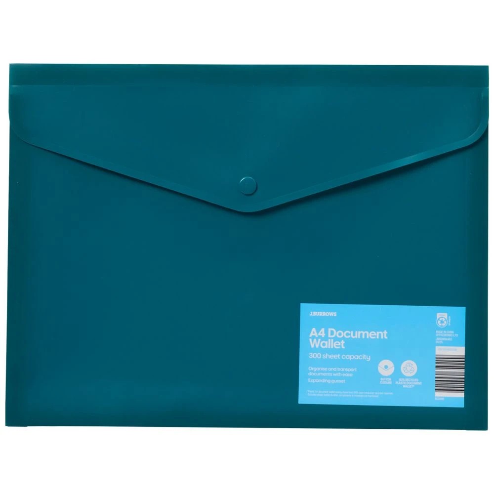 1 J.Burrows A4 Recycled Button Document Wallet Green, 1 of 2