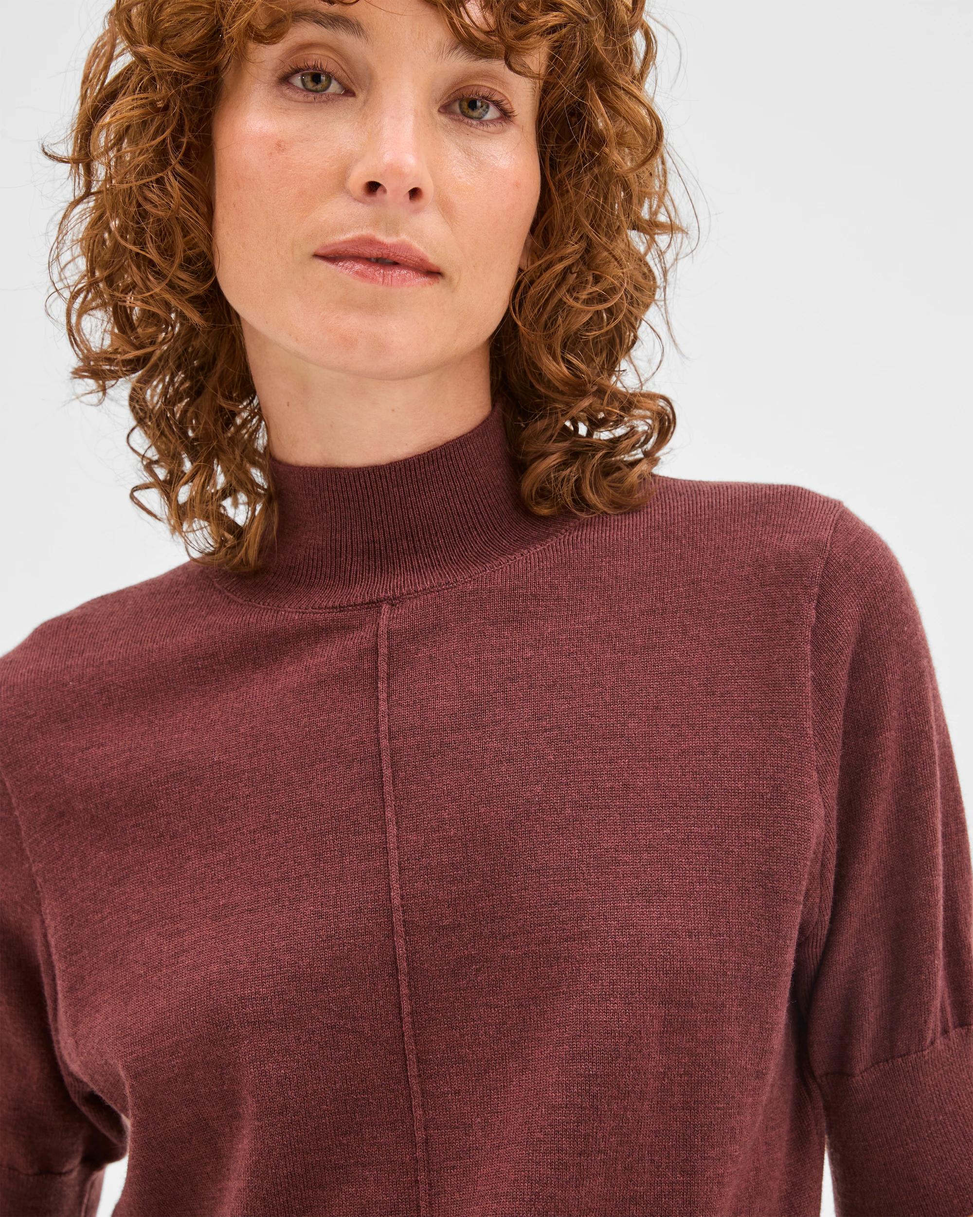 5 Preview Merino Wool Mock Neck Stitch Detail Top RUM RAISIN, 5 of 7