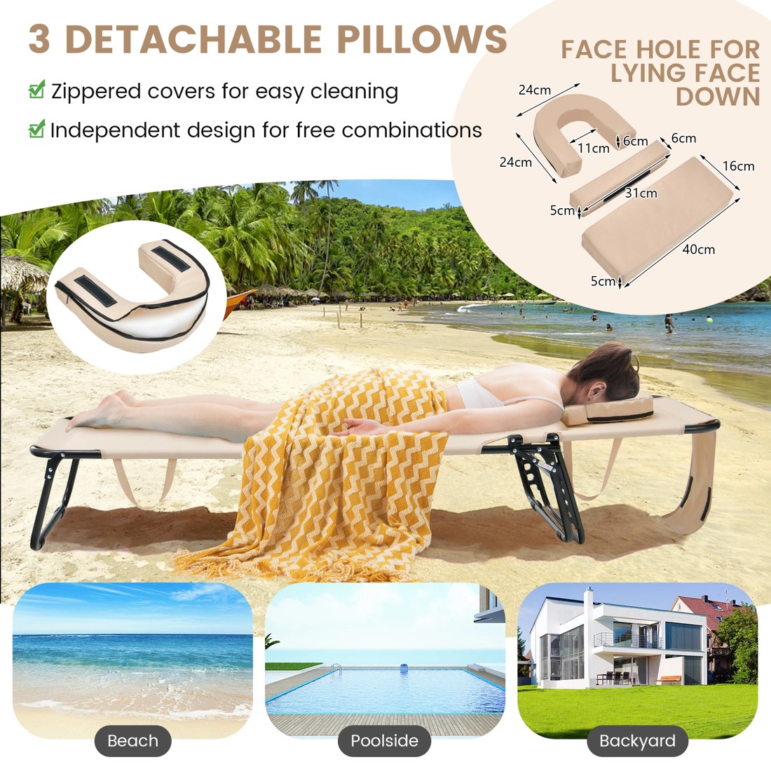 2 Costway Folding Beach Sun Lounger Adjustable 5-Position Chaise - Beige, 2 of 10