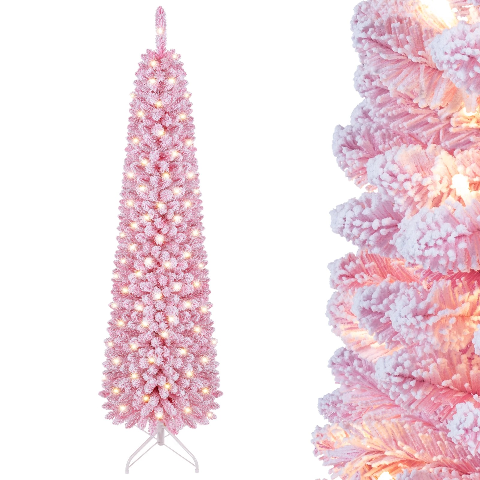 9 Costway 1.8M Pink Flocked Christmas Tree Artificial Pre-Lit Xmas Tree 8 Modes - Pink, 9 of 10