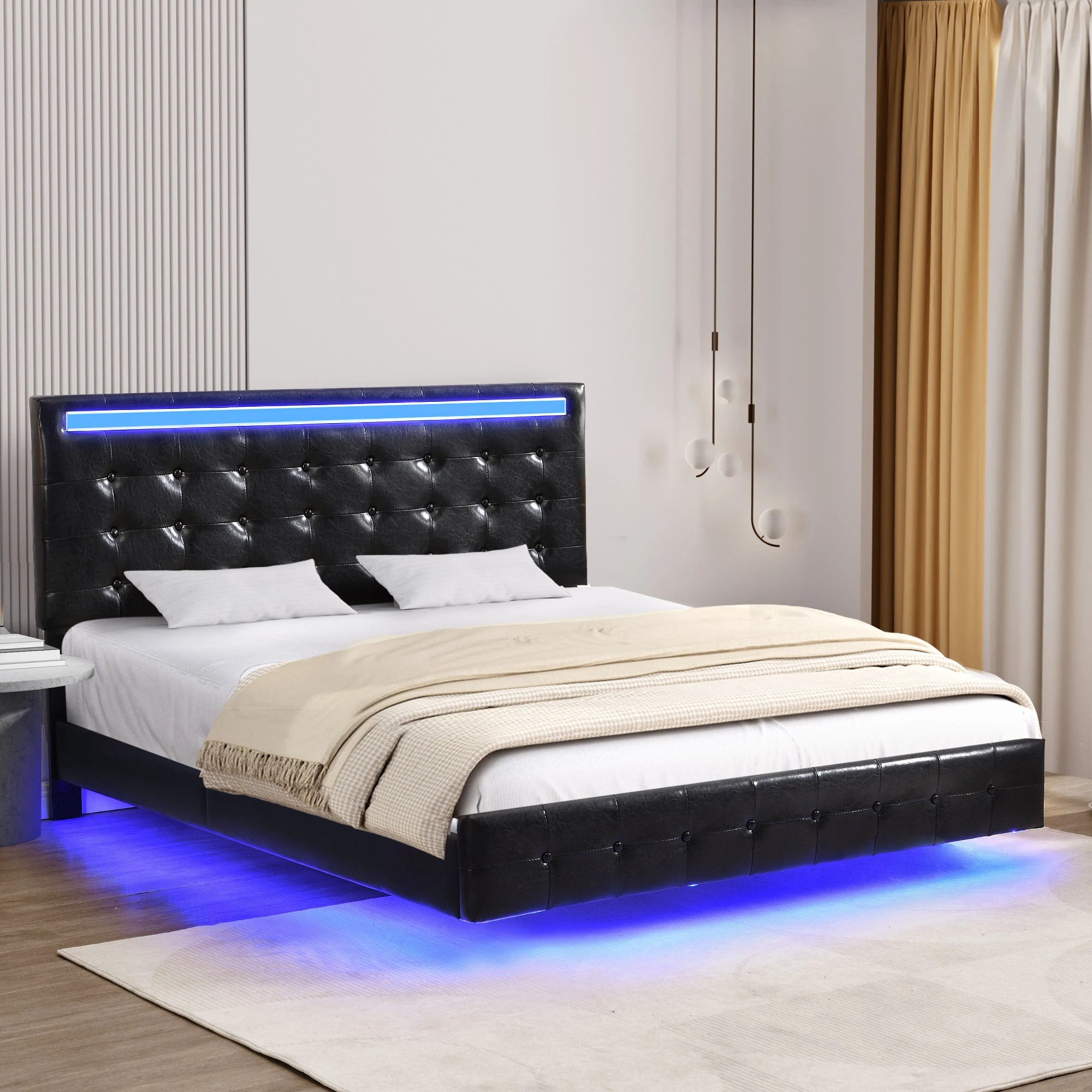 5 Levede Double Size Upholstered Platform Bed Frame PU with Light Black, 5 of 6