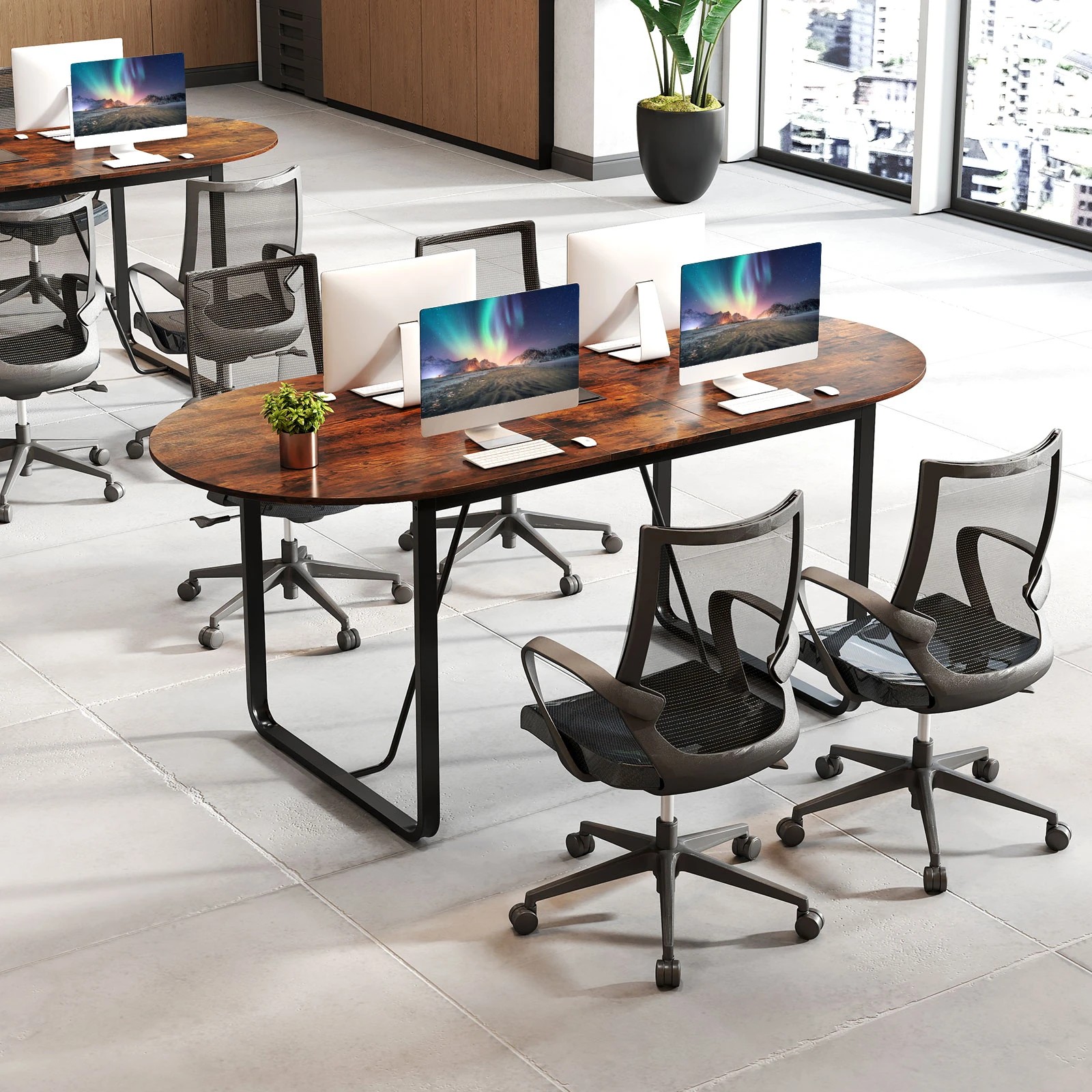 3 Costway 180cm Conference Table Oval Meeting Table for 10 People w/Cable Management, 3 of 5