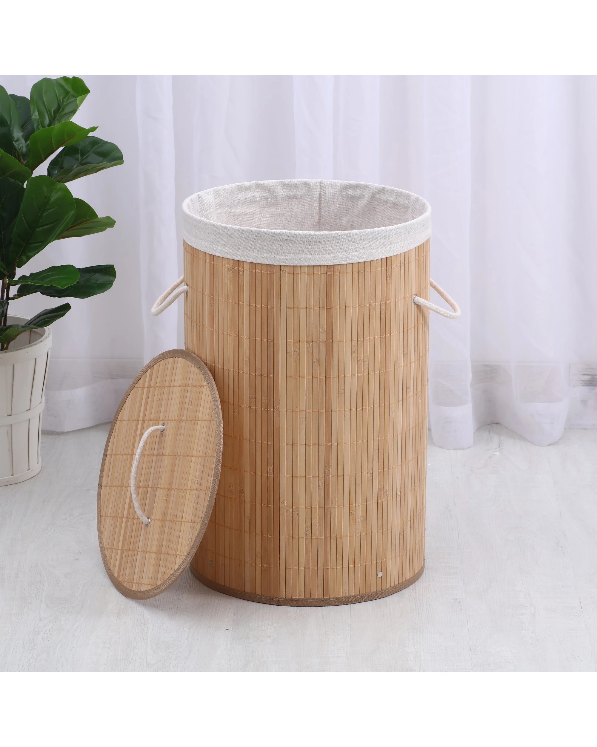2 Sherwood Home Round Collapsible Bamboo Laundry Hamper with Liner - Natural, 2 of 6