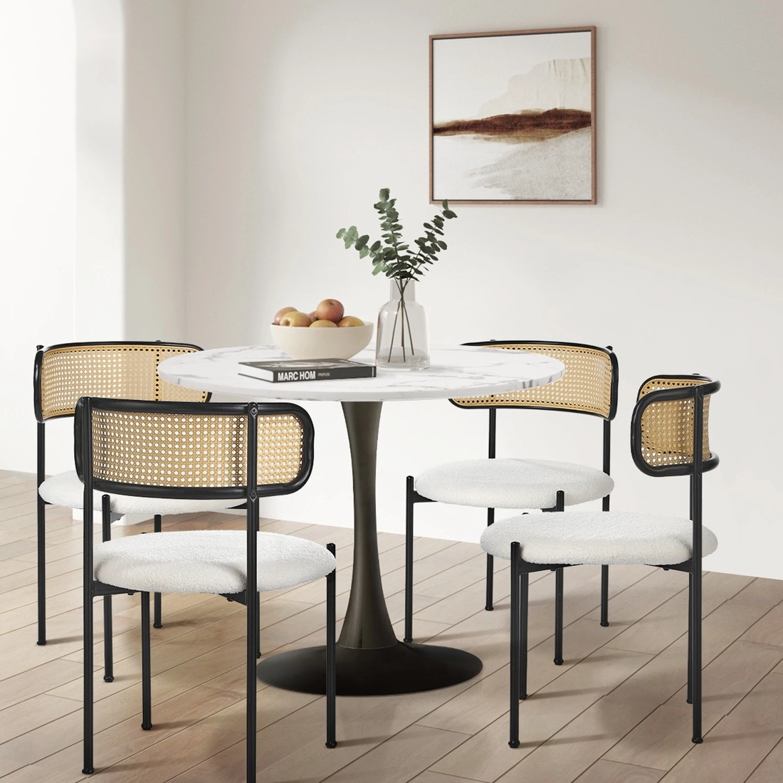 3 Oikiture 2x Dining Chair Round Boucle Kitchen Lounge Backrest Metal Legs
 - White, 3 of 10