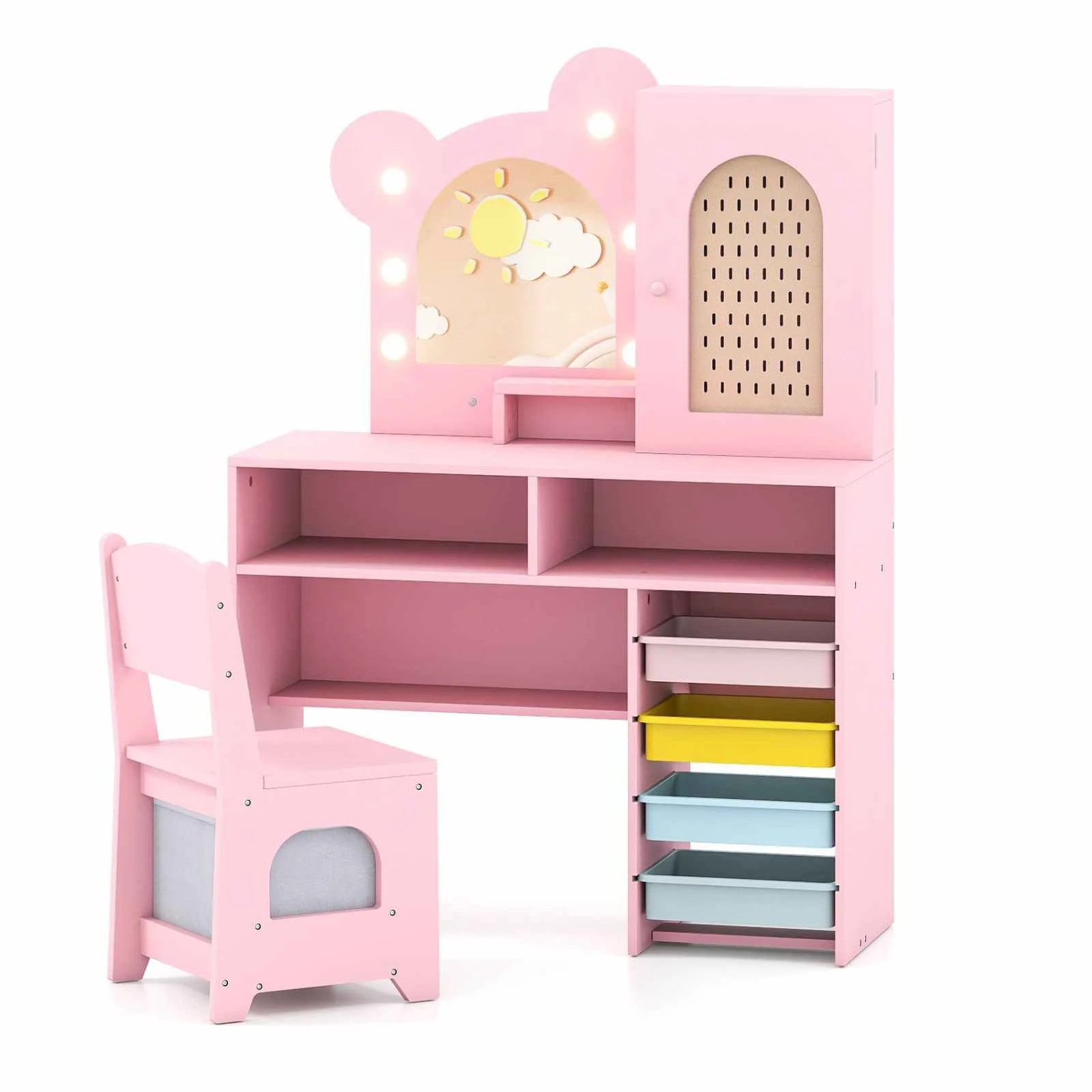 1 Costway Vanity Desk Set Dressing Table & Chair w/Lighted Mirror - Pink, 1 of 3