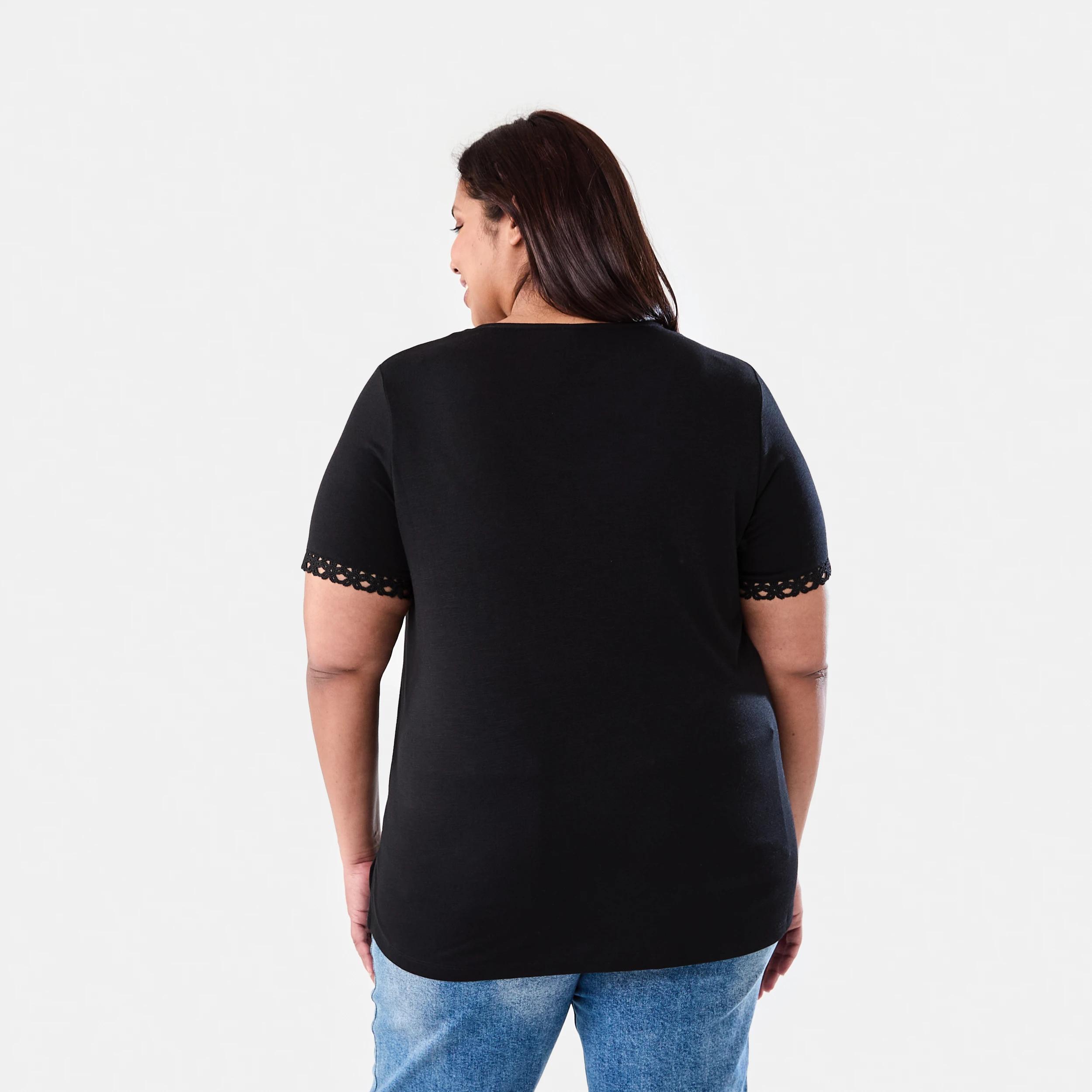 3 Curve Short Sleeve Boho Trim Top BLACK, 3 of 7