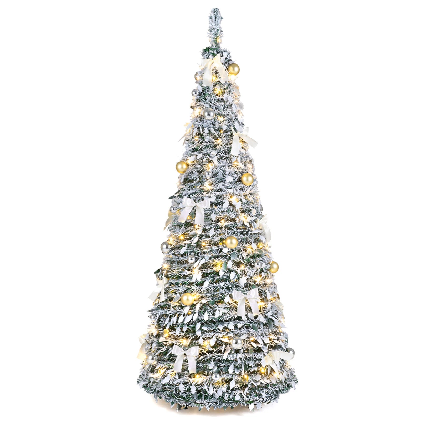 Costway 1.8M Snow-Flocked Pop Up Christmas Tree w/20 Bowknots Pre-lit ...