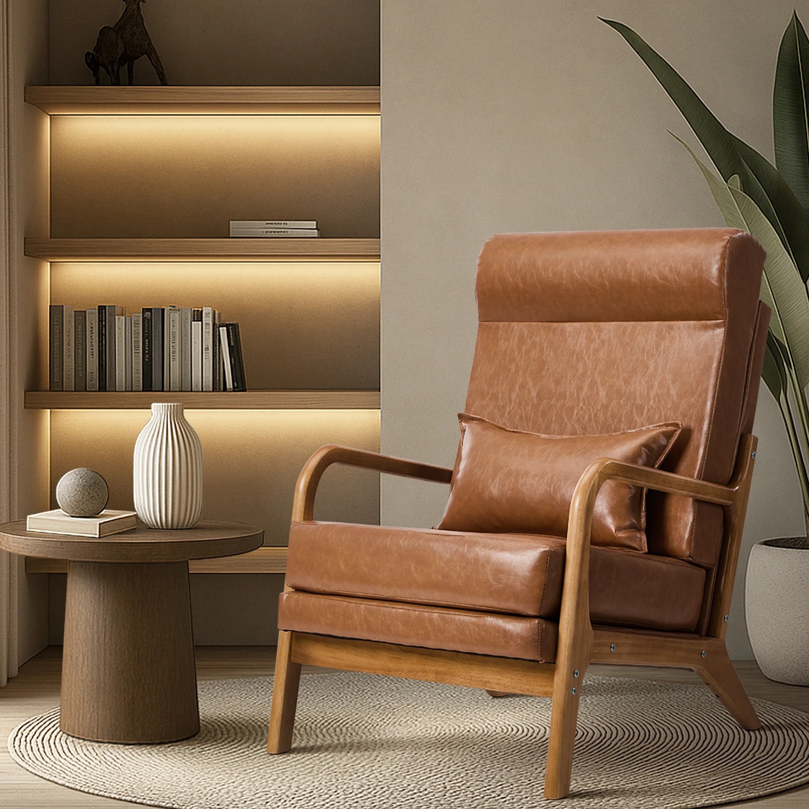 4 Oikiture Armchair PU Leather Lounge Chair with Lumbar Pillow - Brown, 4 of 10