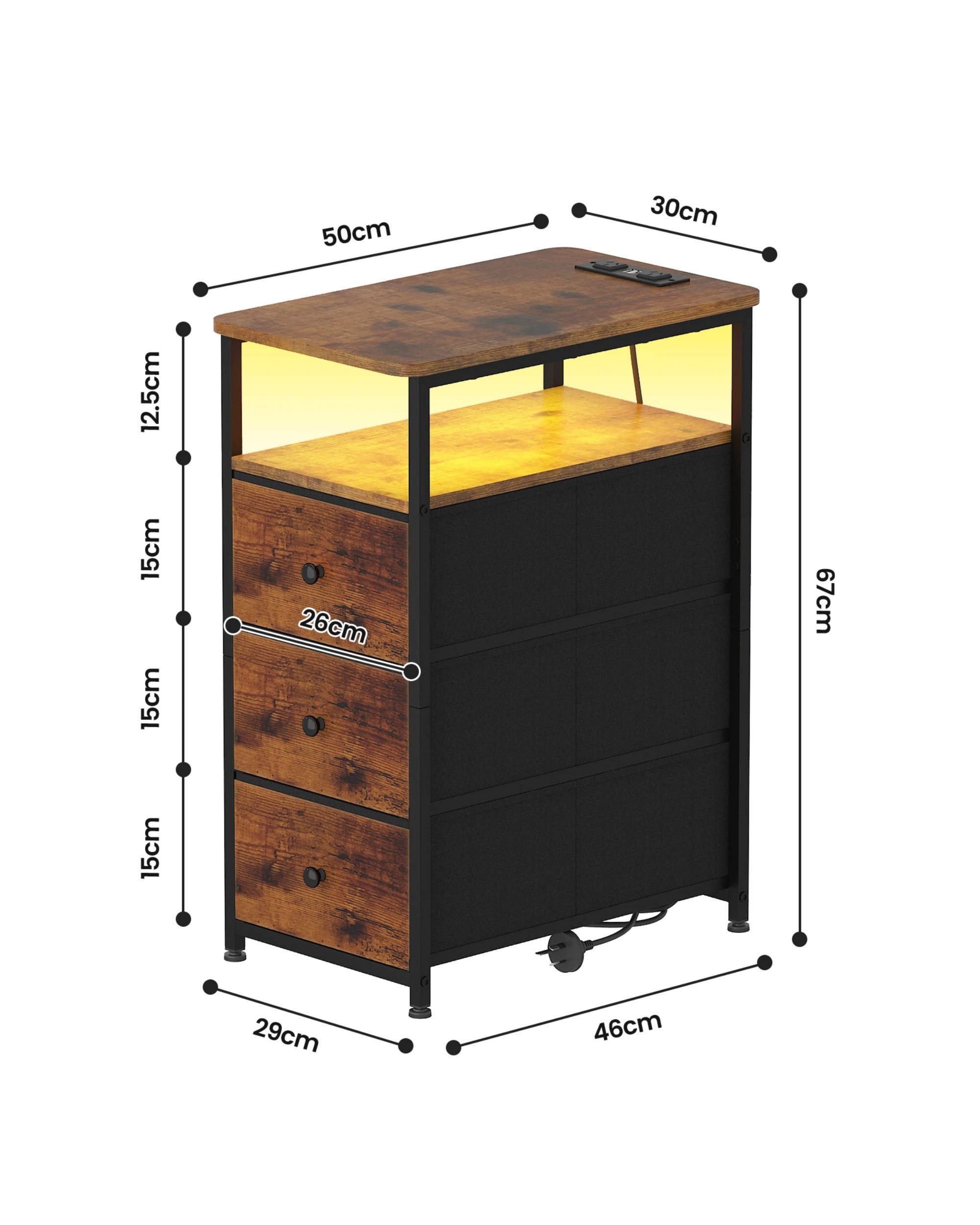 3 Advwin LED Bedside Tables Set of 2 with Drawer  - Brown, 3 of 9