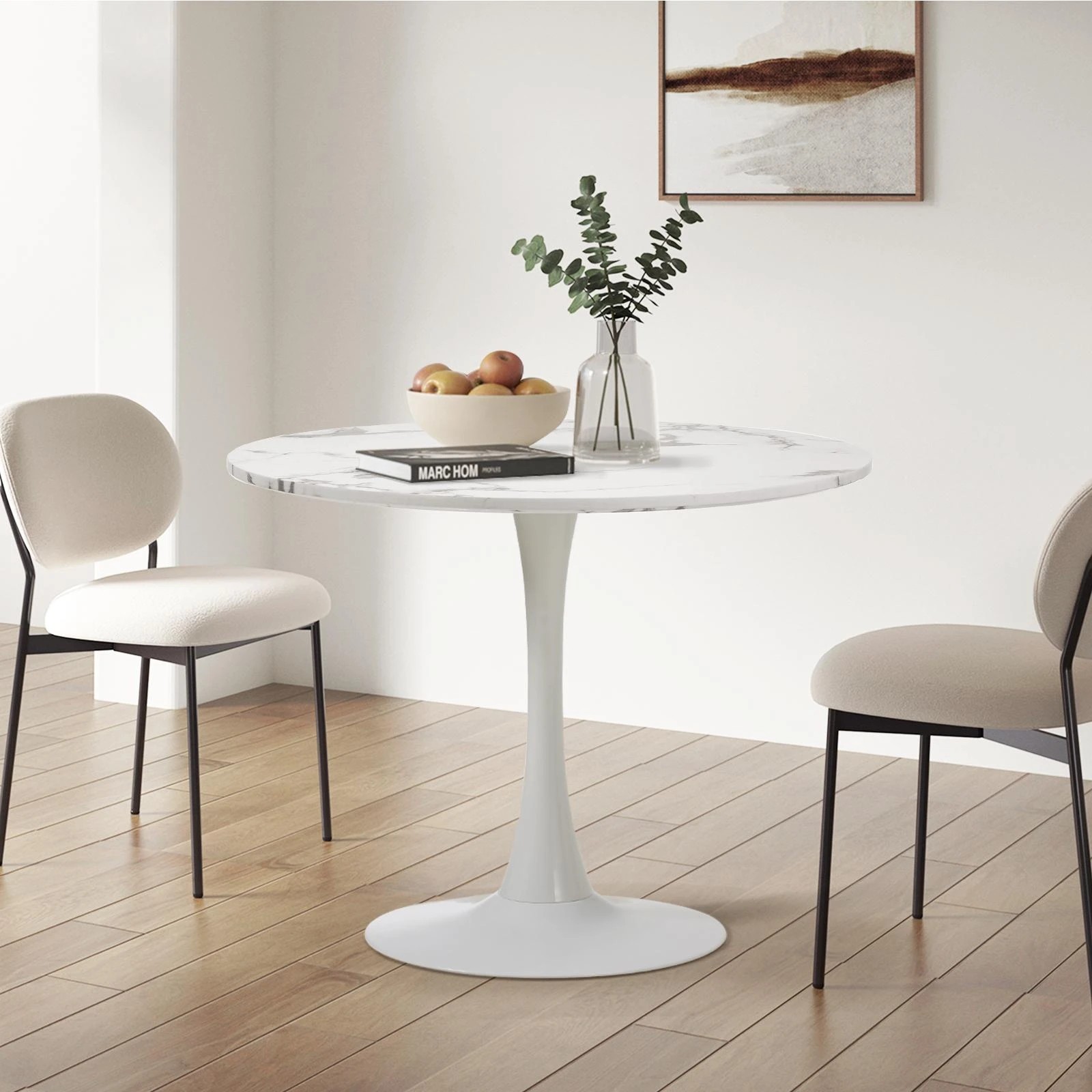 3 Oikiture 90cm Dining Table Kitchen Marble Tulip Round Metal Leg
 - White, 3 of 9