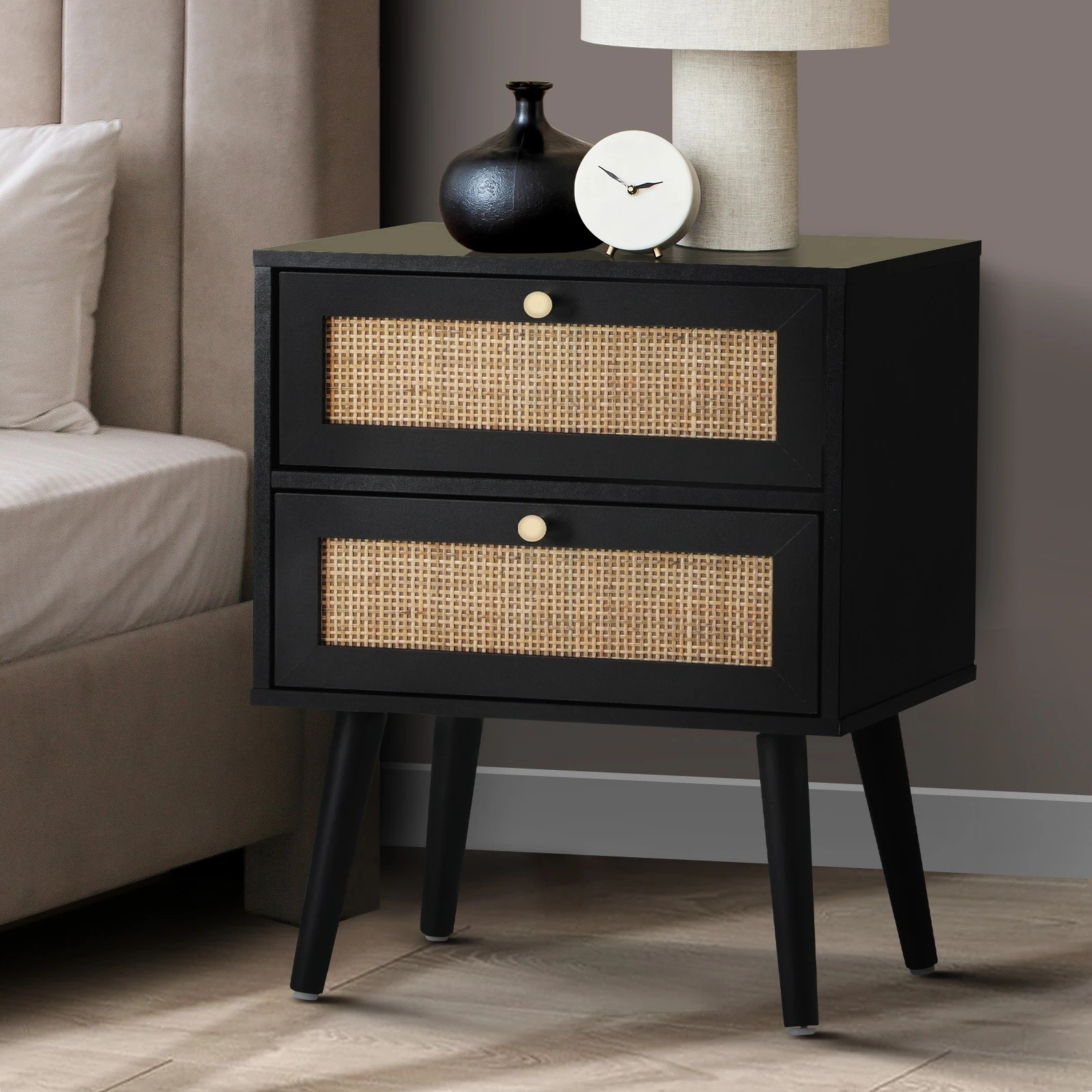 2 Oikiture Bedside Table Side Table 2 Drawers Nightstand Rattan
 - Black, 2 of 10