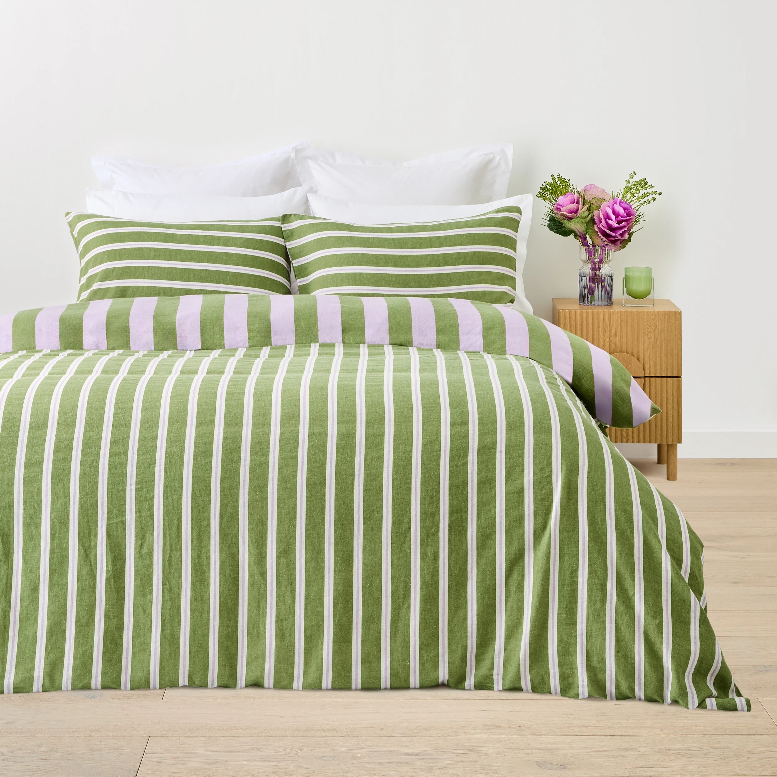 2 Stripe Linen Cotton Quilt Cover Set - King Bed, Lilac and Green, 2 of 8
