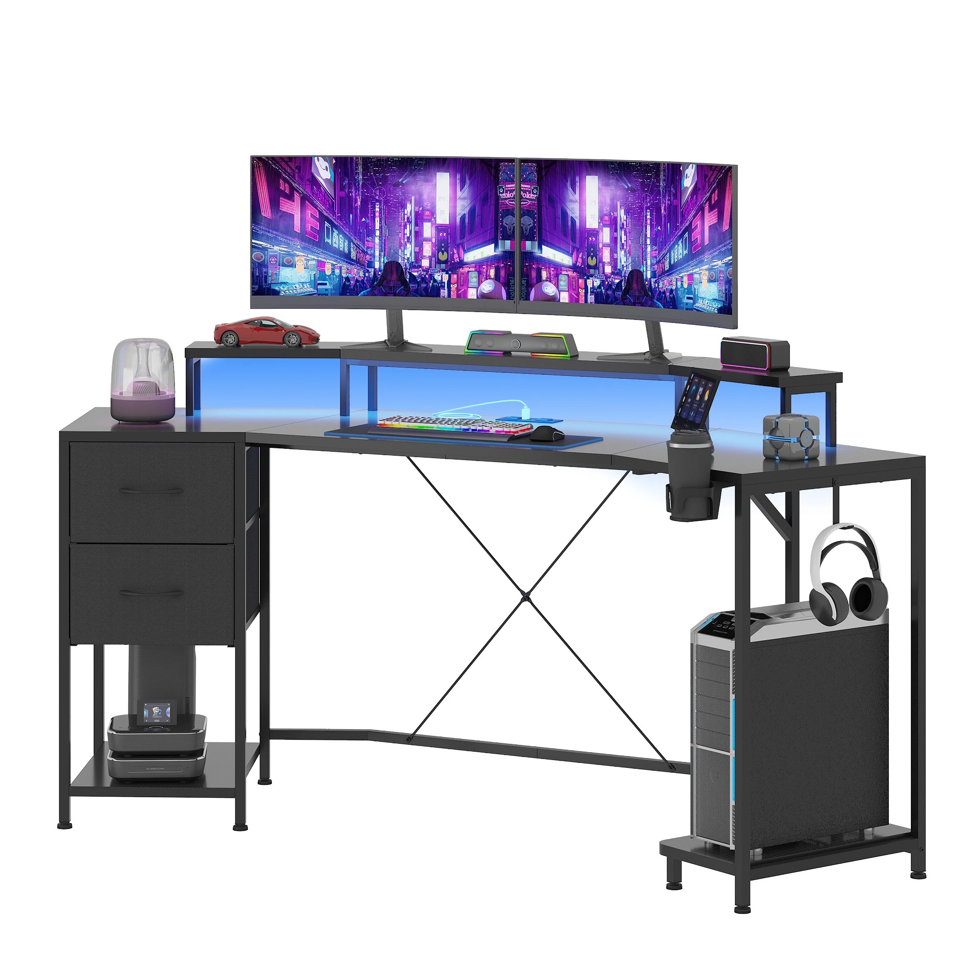 3 Advwin 185cm LED Gaming Desk w/ Power Outlets   Carbon Fiber Computer Desk with PC Stand Shelf & Drawers - Black, 3 of 7