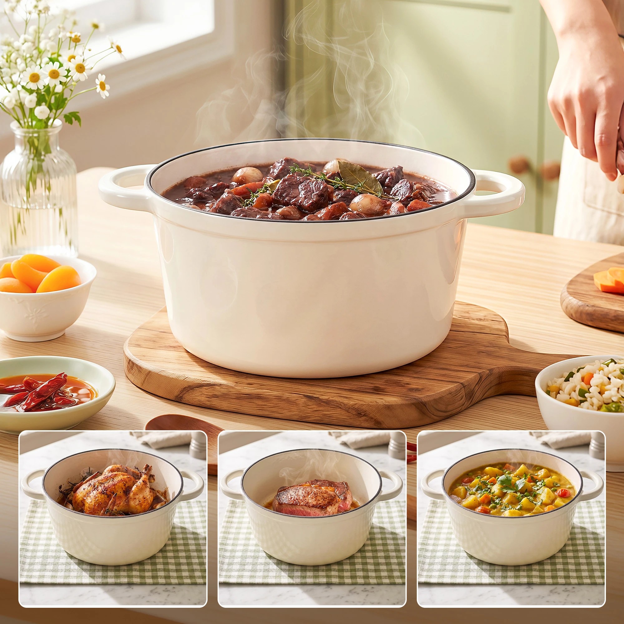 4 5-Star Chef 3.8L Enameled Cast Iron Dutch Oven Pot with Lid for Sourdough Bread Baking - White, 4 of 9