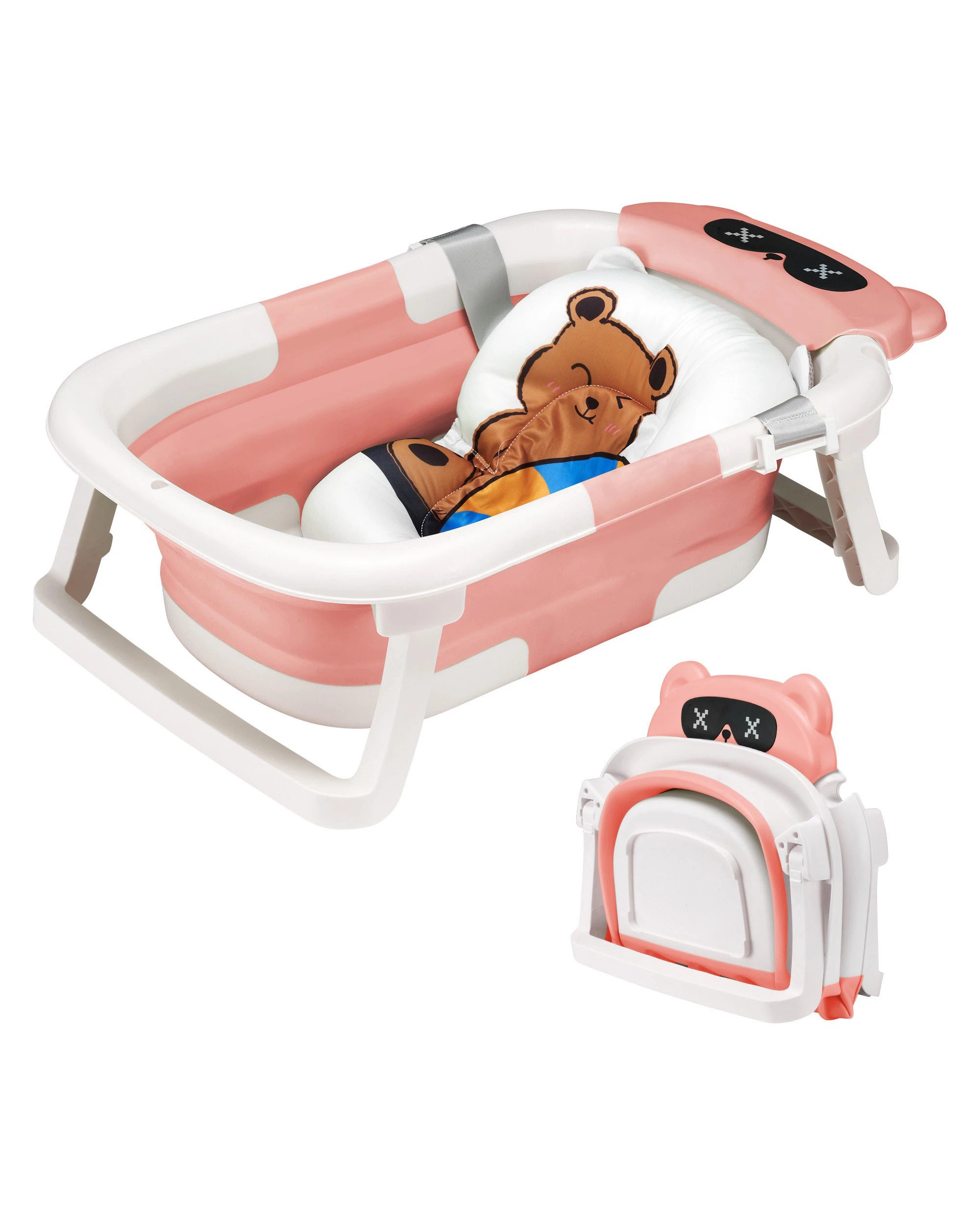 1 Playpals Collapsible Baby Bathtub with Thermometer Travel Newborn Tub Pink, 1 of 9