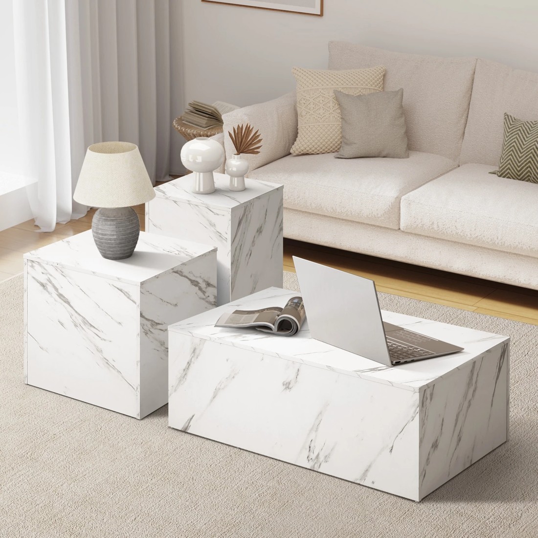 2 Oikiture Coffee Table Set Of 3 Side Tables Sofa Cafe Desk Marble Effect
 - White, 2 of 10