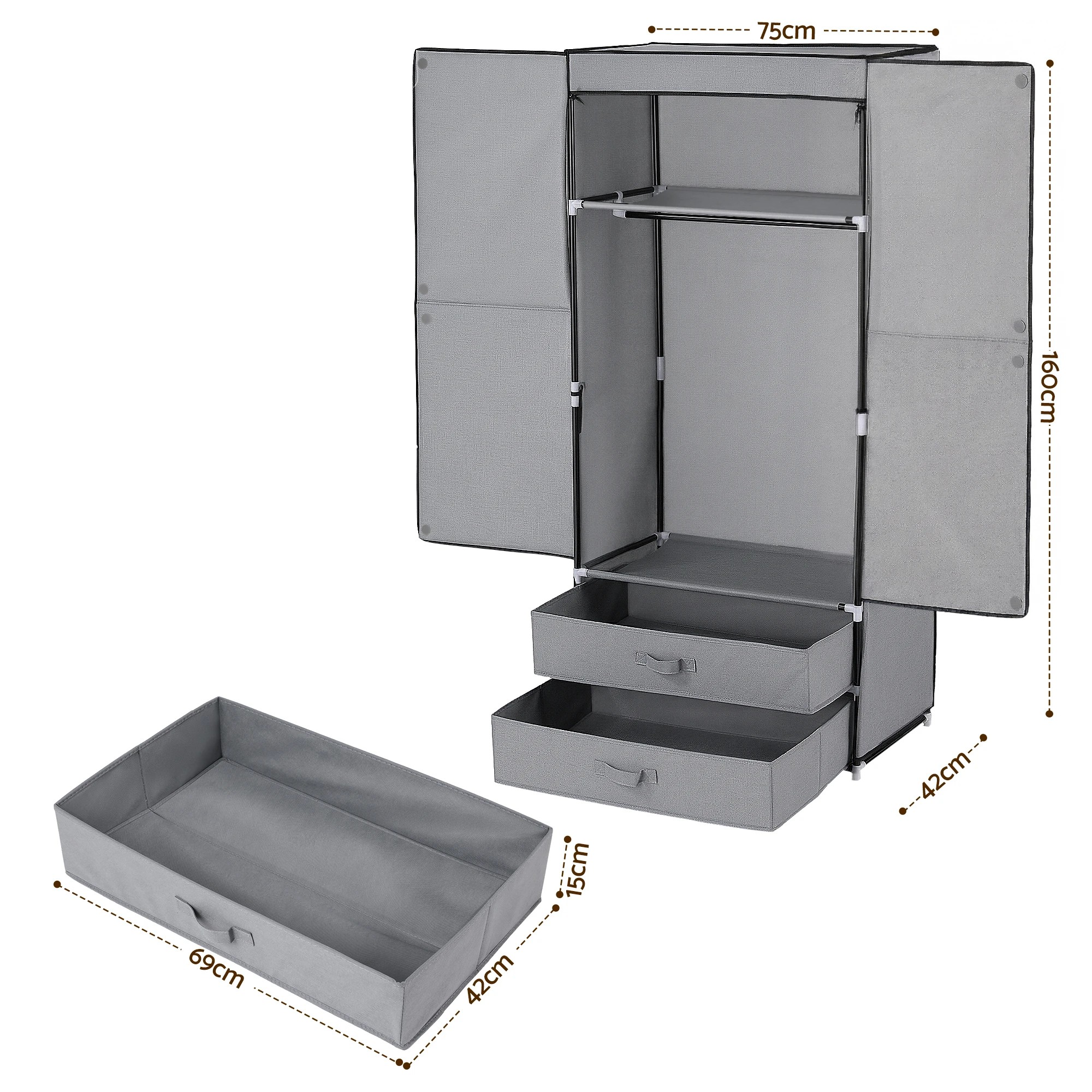 2 Artiss Large Portable Clothes Closet Wardrobe with Magnetic Door - Grey, 2 of 3