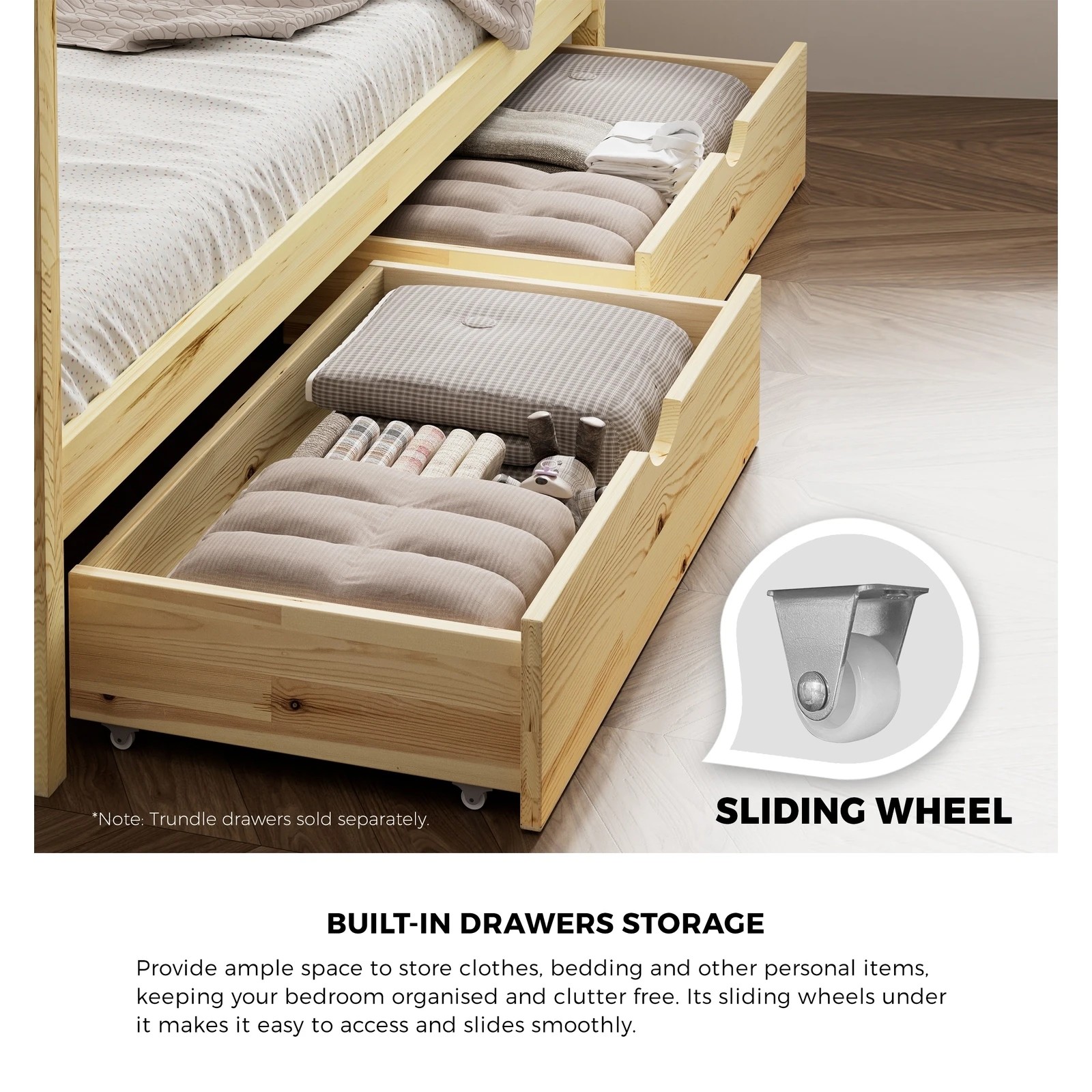 4 Oikiture Bed Frame Wooden Single Size Timber House Frame  With Storage Drawers
 - Natural, 4 of 10