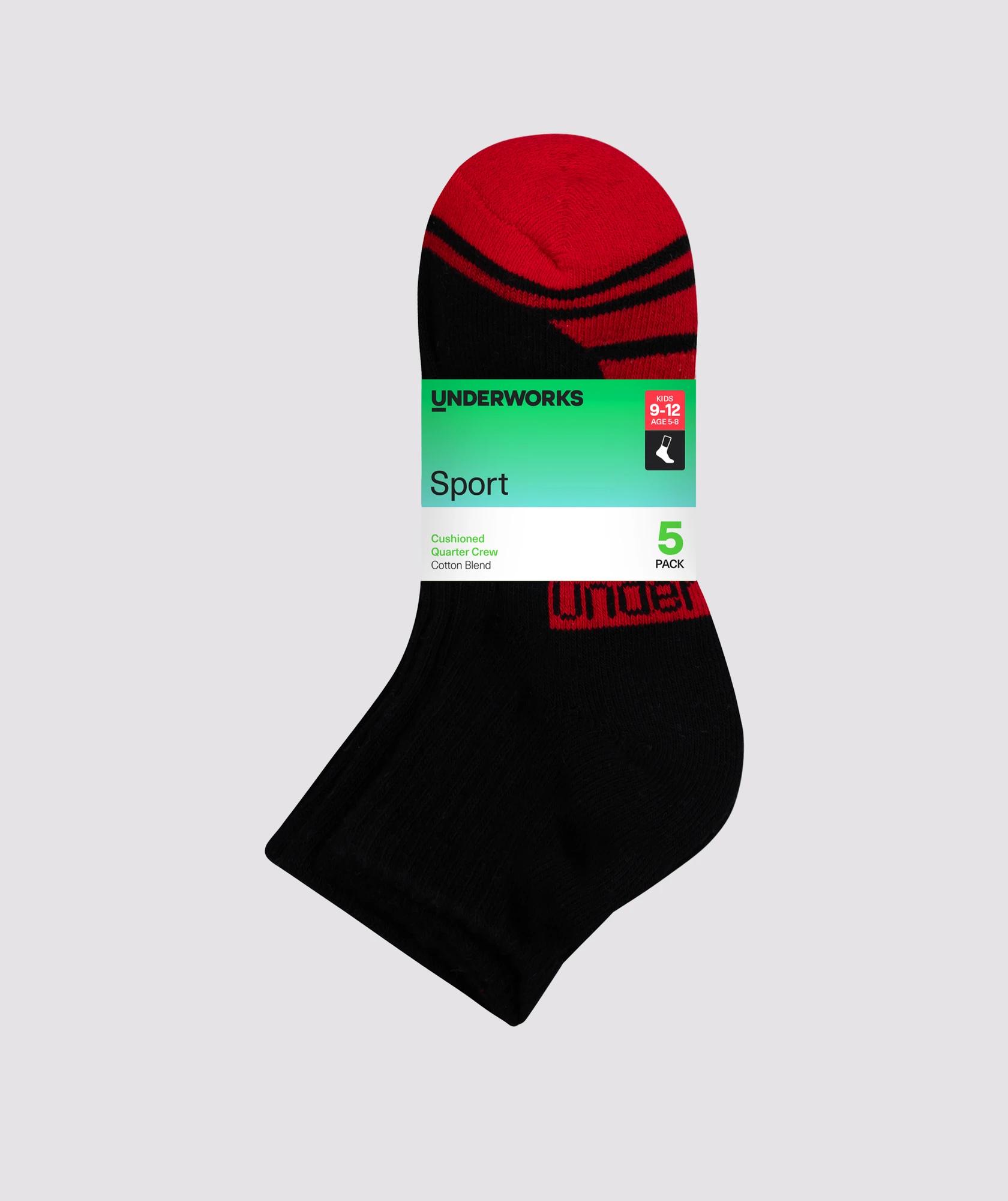 2 Kids Cushioned Sport Quarter Crew Socks 5 Pack - Underworks BLACK, 2 of 2