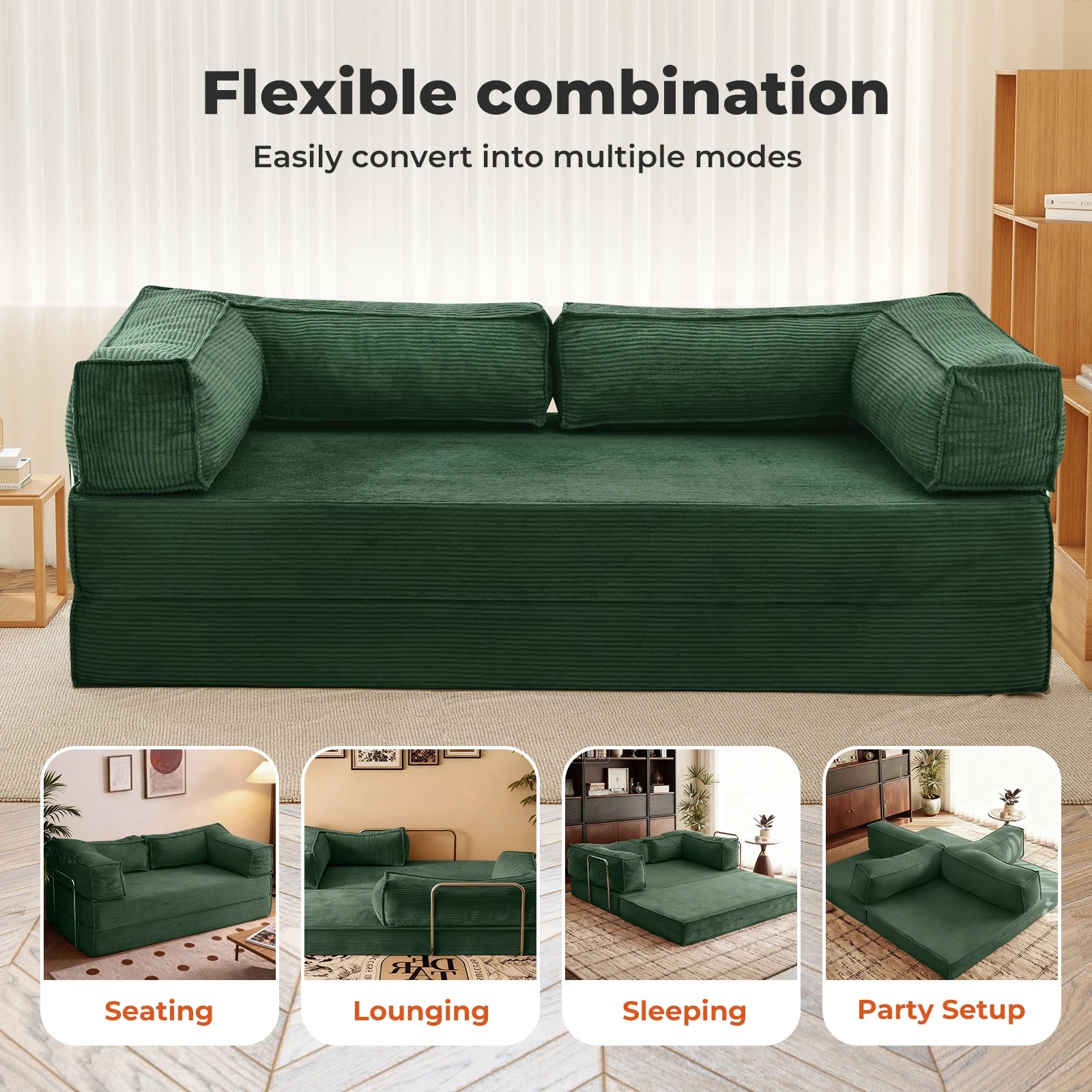 3 Levede 3 Seater 200Cm Double Corduroy Sofa Bed In Dark - Green - Green, 3 of 9