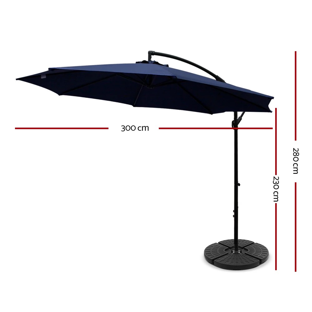 2 Instahut 3m Outdoor Umbrella w/Base Cantilever Beach Garden Patio - Blue, 2 of 6