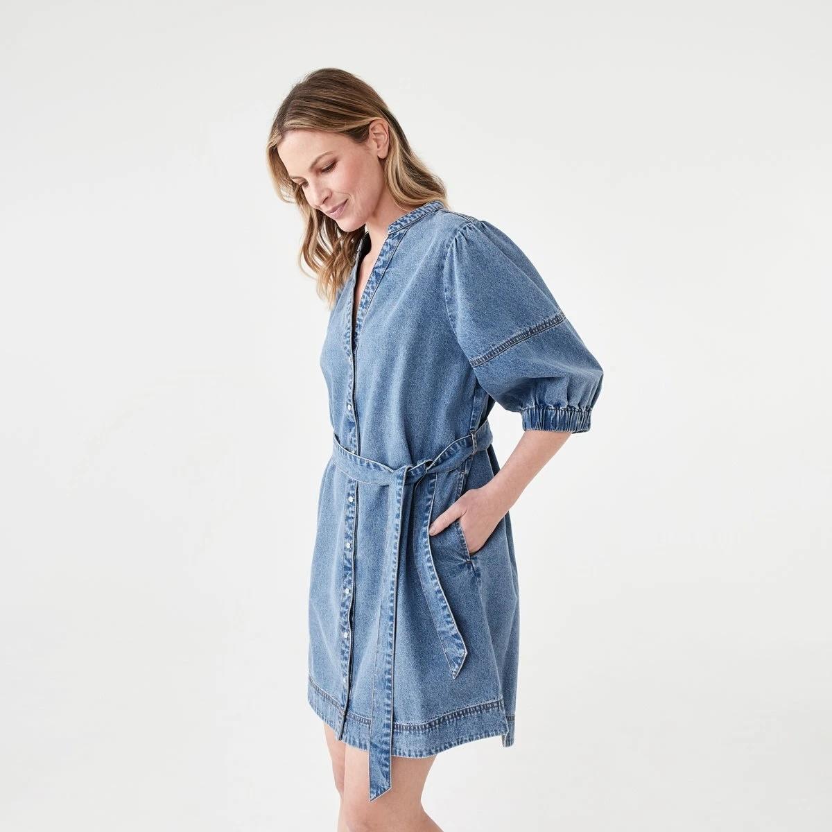 2 Short Sleeve Denim Puff Sleeve Mini Dress LIGHT DENIM WASH, 2 of 6