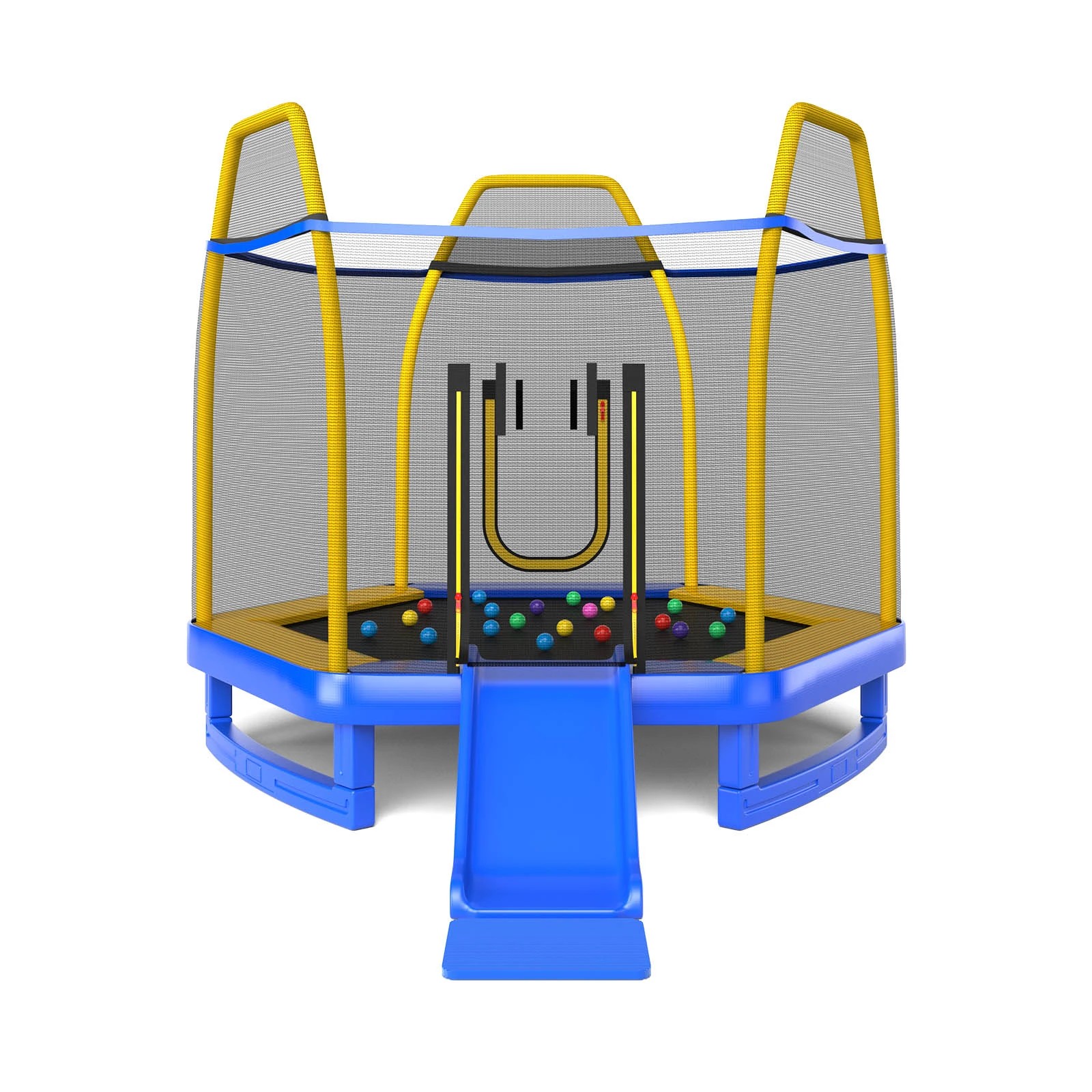 1 Costway 7FT Round Kids Trampoline Bouncer Jumping Rebounder w/Slide Ladder & 20 Balls - Blue, 1 of 1