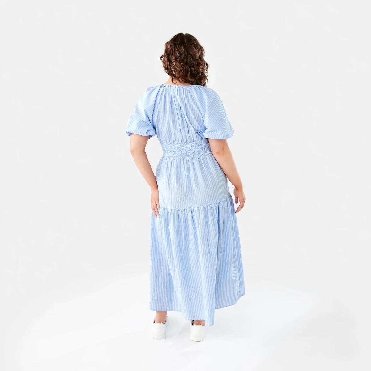 4 Short Sleeve Shirred Waist Midi Dress DANI STRP BRUNI BLUE, 4 of 10